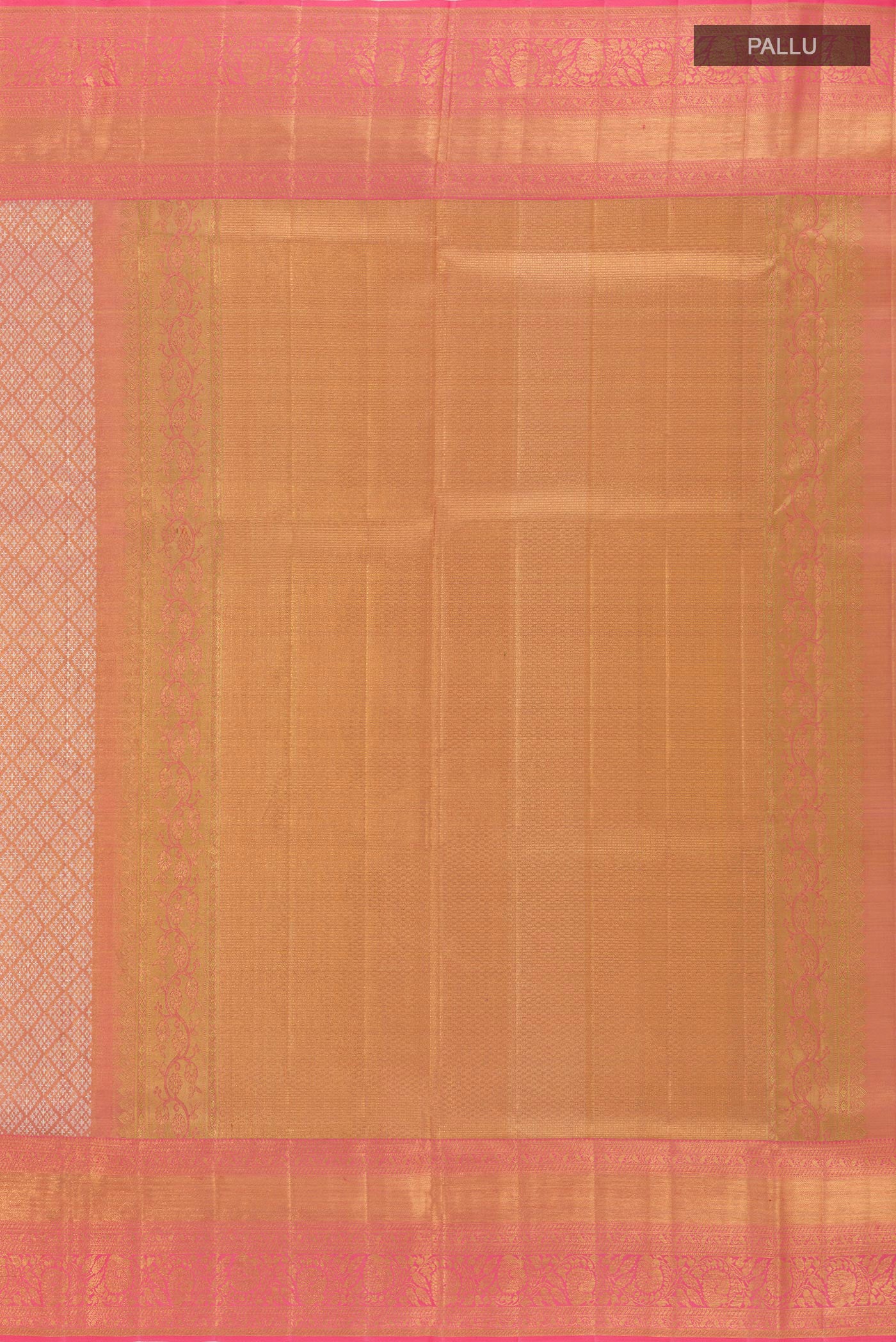 Close up image of the pallu of Rose Gold Kanjivaram Tissue Silk Saree with Zari Brocade on the body and Zari Border. 