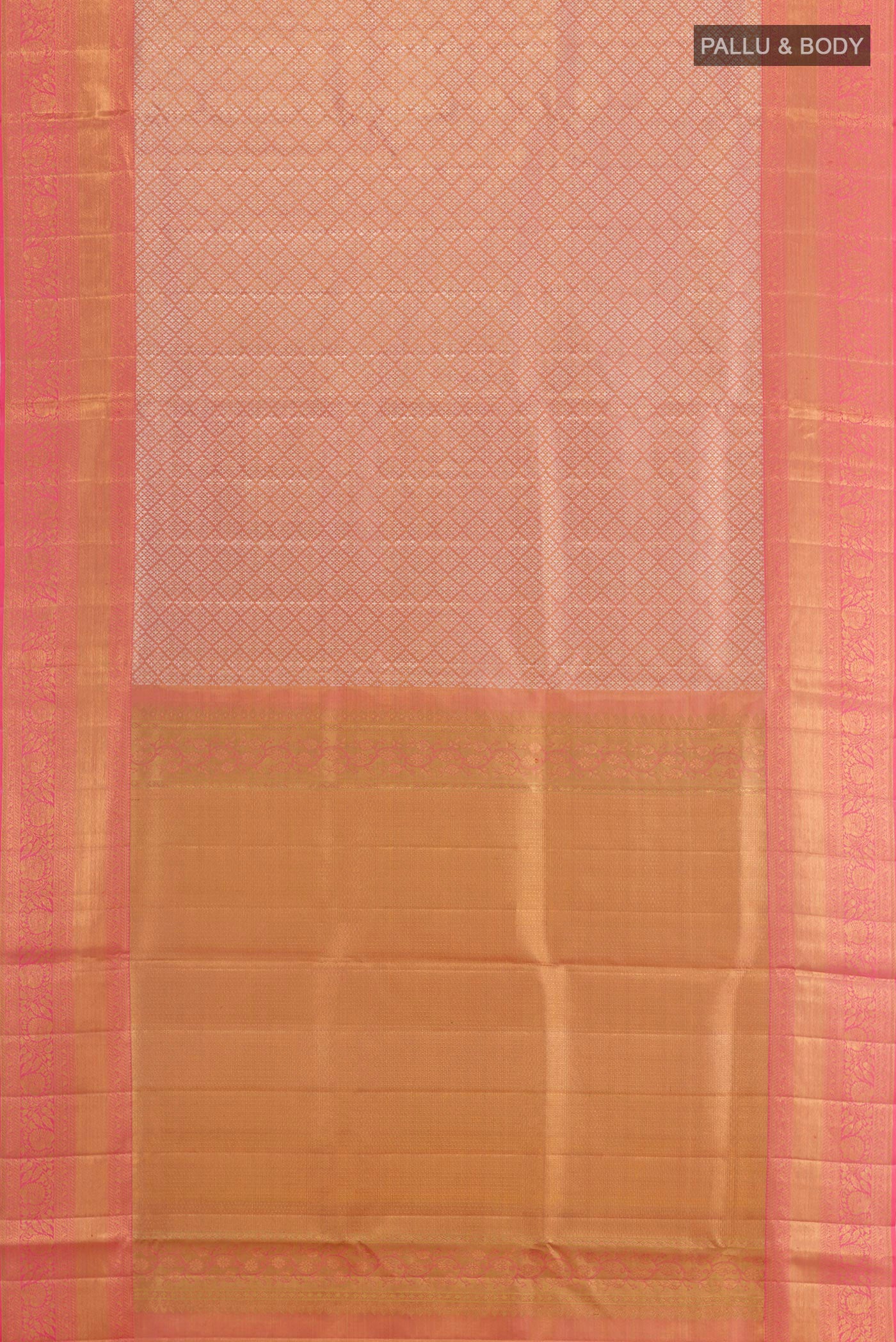 Flat view of Rose Gold Kanjivaram Tissue Silk Saree with Zari Brocade on the body and Zari Border. 