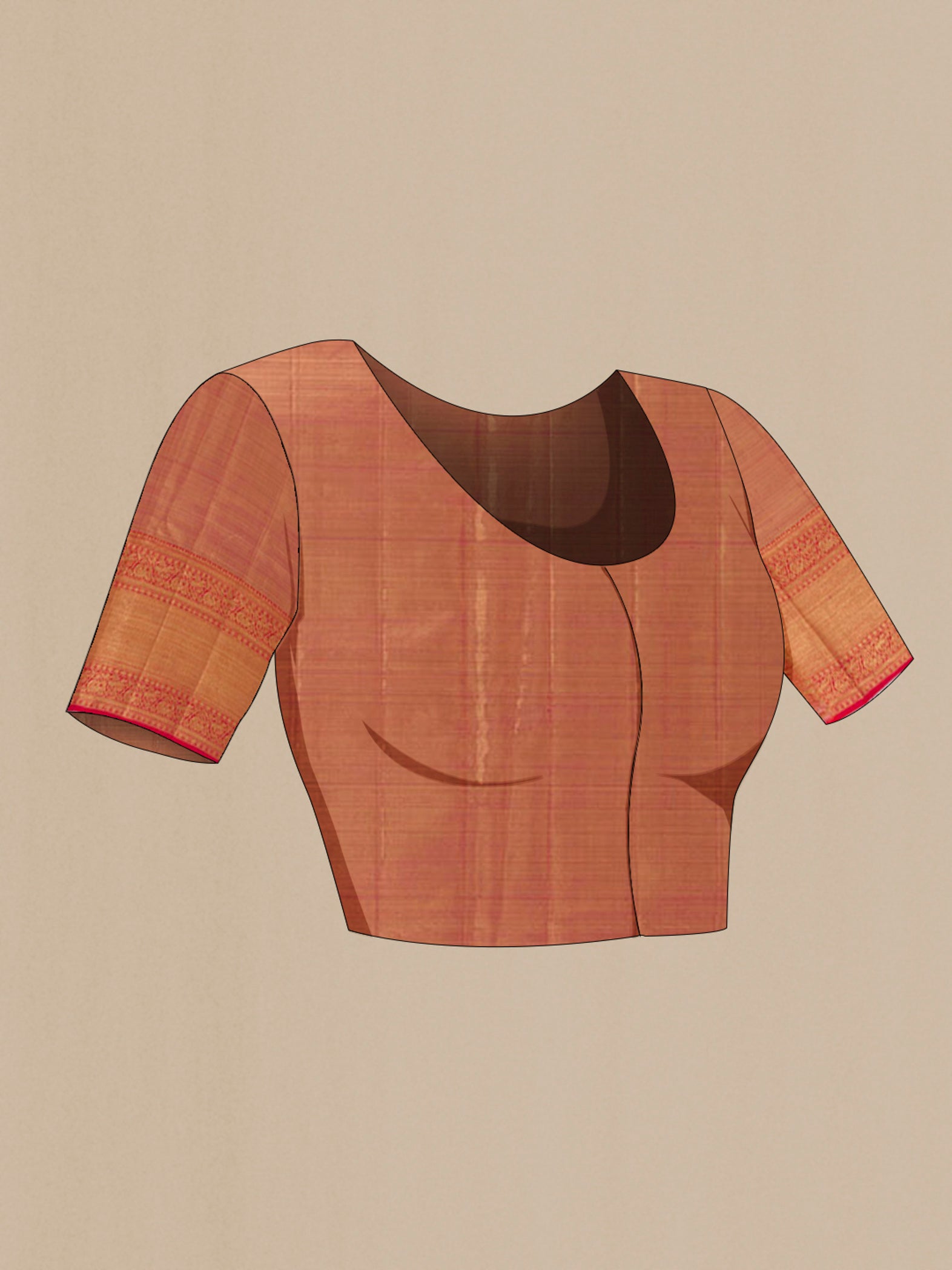 Close up image of the blouse of Golden Peach Kanjivaram Tissue Silk Saree with Zari Brocade on the body and Zari Border. 