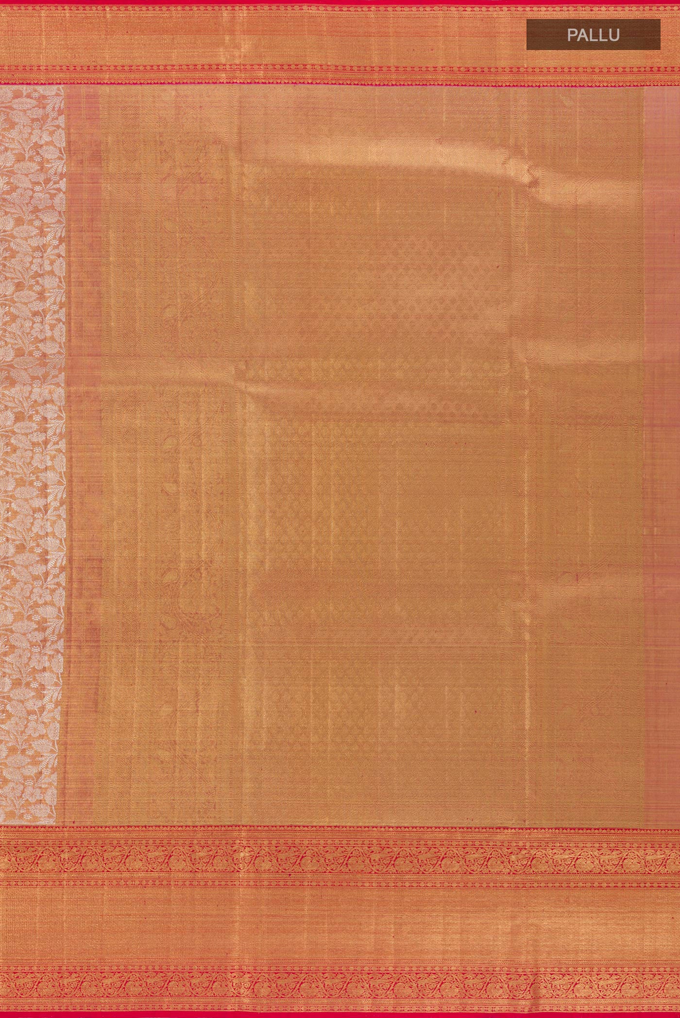 Close up image of the pallu of Golden Peach Kanjivaram Tissue Silk Saree with Zari Brocade on the body and Zari Border. 