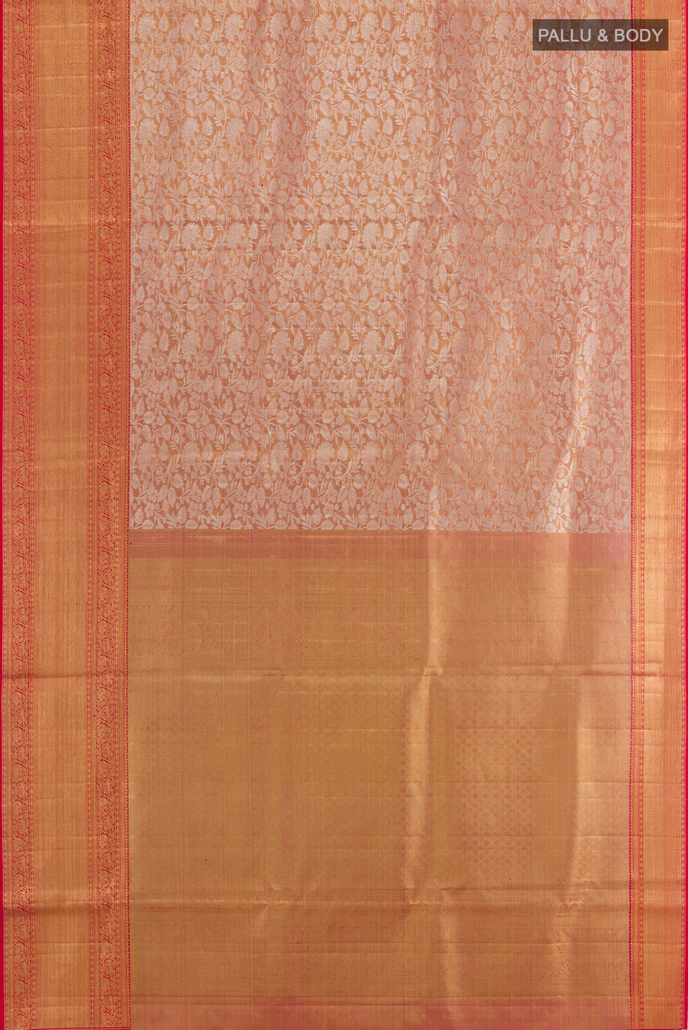 Flat view of Golden Peach Kanjivaram Tissue Silk Saree with Zari Brocade on the body and Zari Border. 