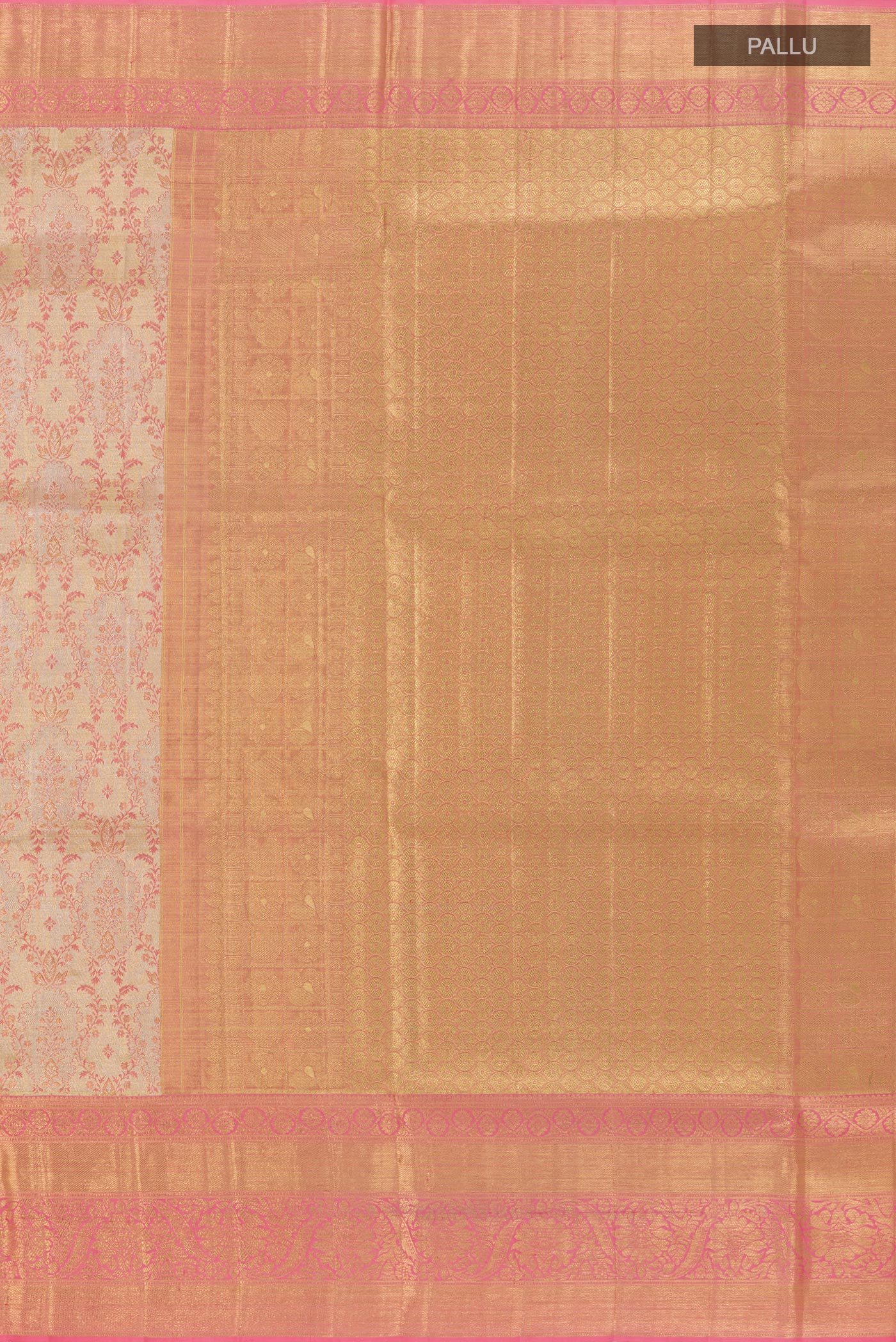 Close up image of the pallu of Rose Gold Kanjivaram Tissue Silk Saree with Zari Brocade on the body and Zari Border. 