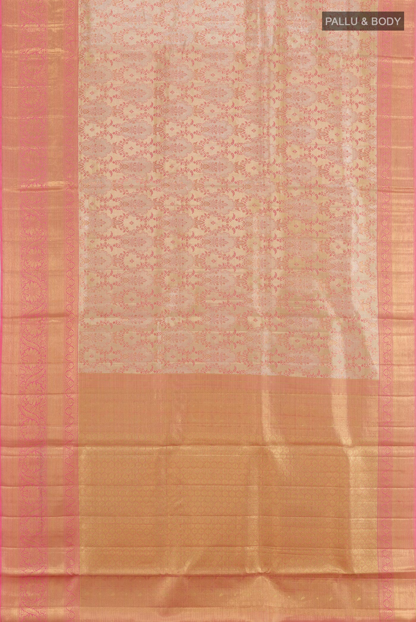 Flat view of Rose Gold Kanjivaram Tissue Silk Saree with Zari Brocade on the body and Zari Border. 