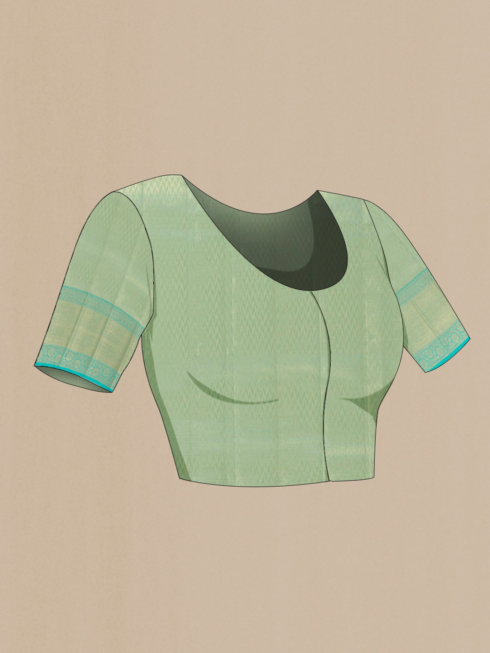 Close up image of the blouse of Sea Green Kanjivaram Tissue Silk Saree with Zari Brocade on the body and Zari Border. 