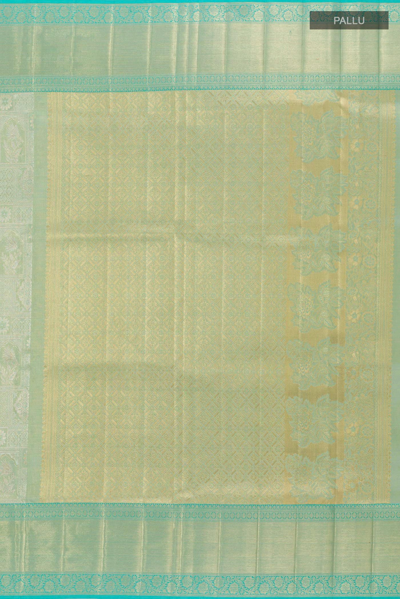 Close up image of the pallu of Sea Green Kanjivaram Tissue Silk Saree with Zari Brocade on the body and Zari Border. 