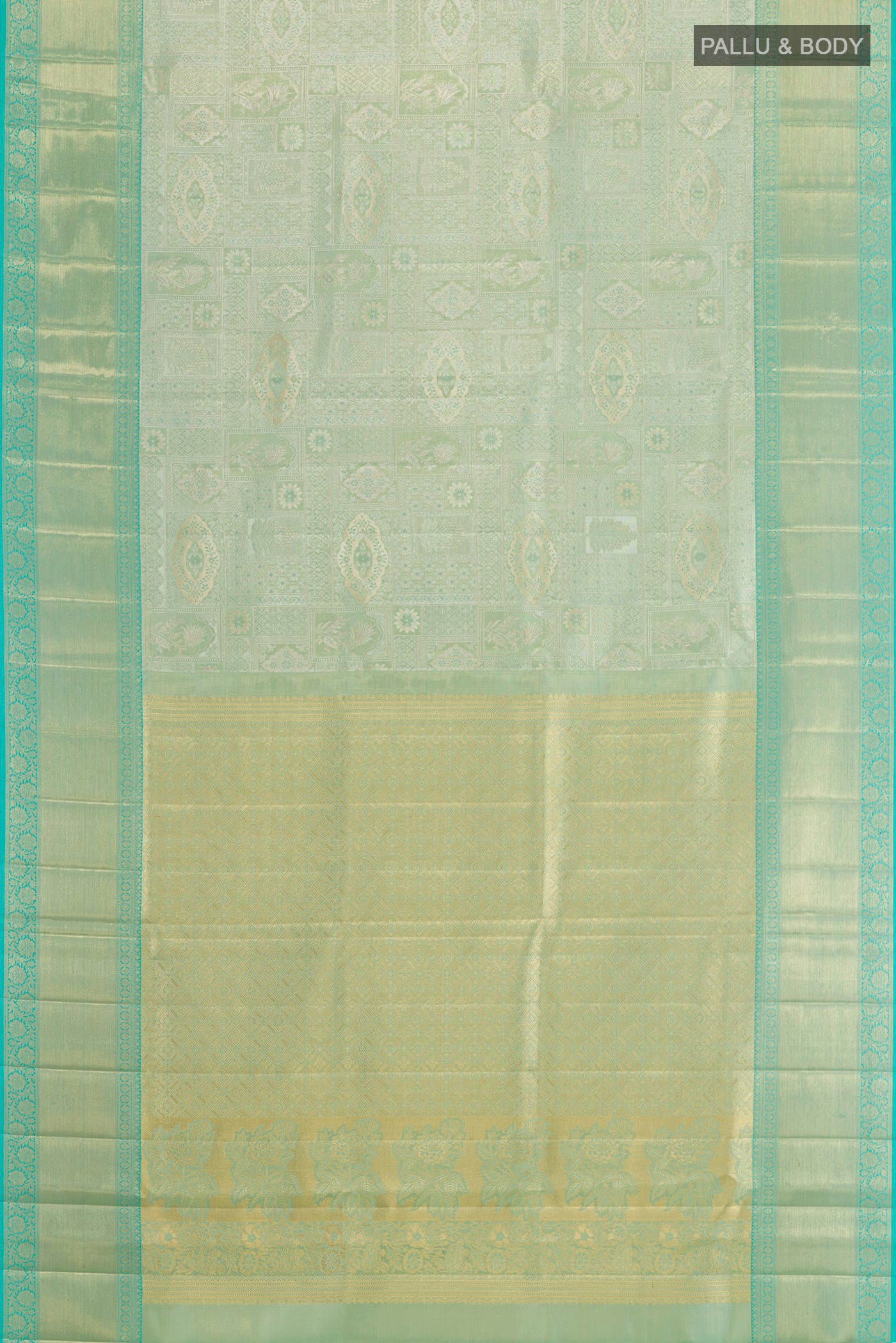 Flat view of Sea Green Kanjivaram Tissue Silk Saree with Zari Brocade on the body and Zari Border. 