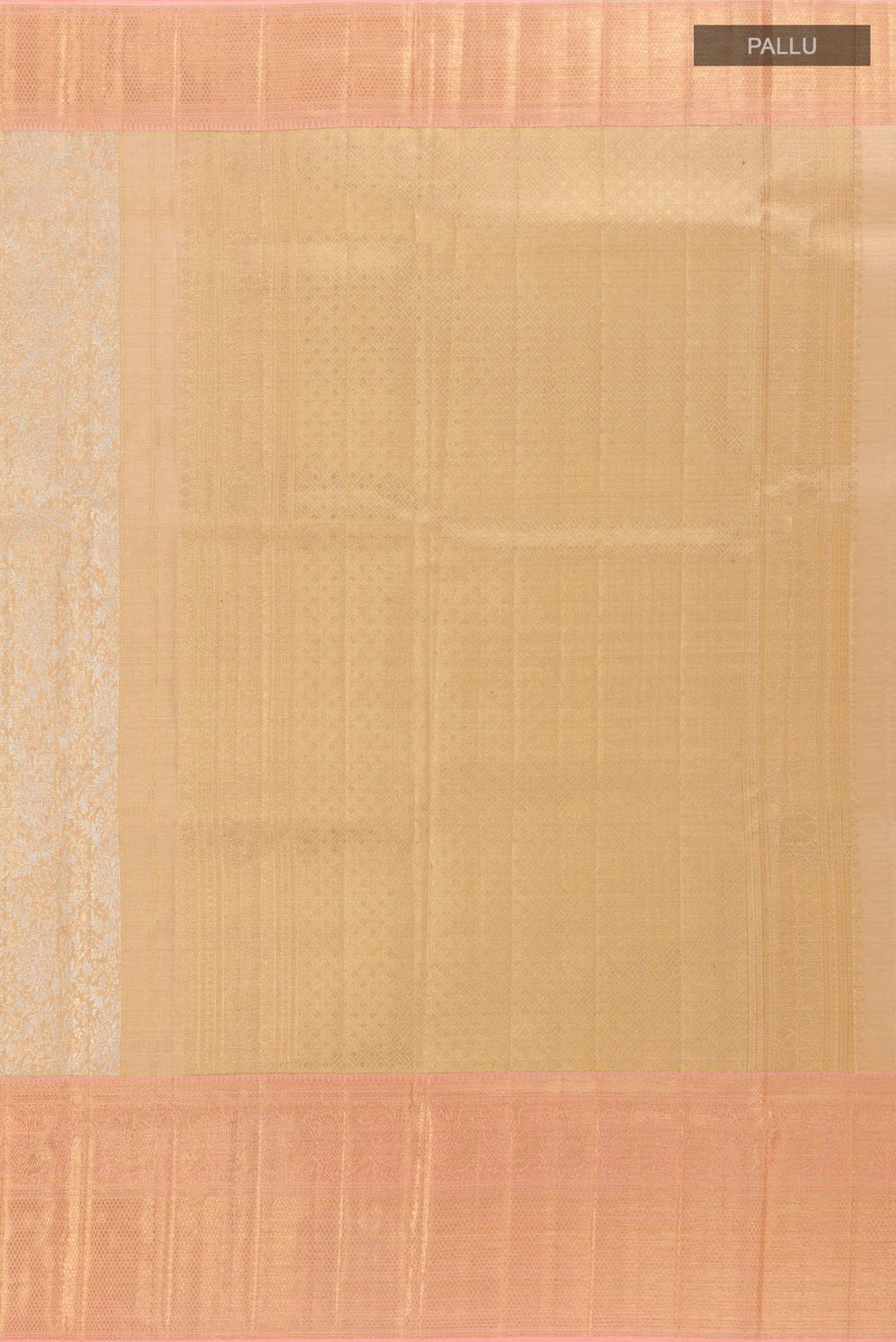 Close up image of the pallu of Rose Gold Kanjivaram Tissue Silk Saree with Zari Brocade on the body and Zari Border. 