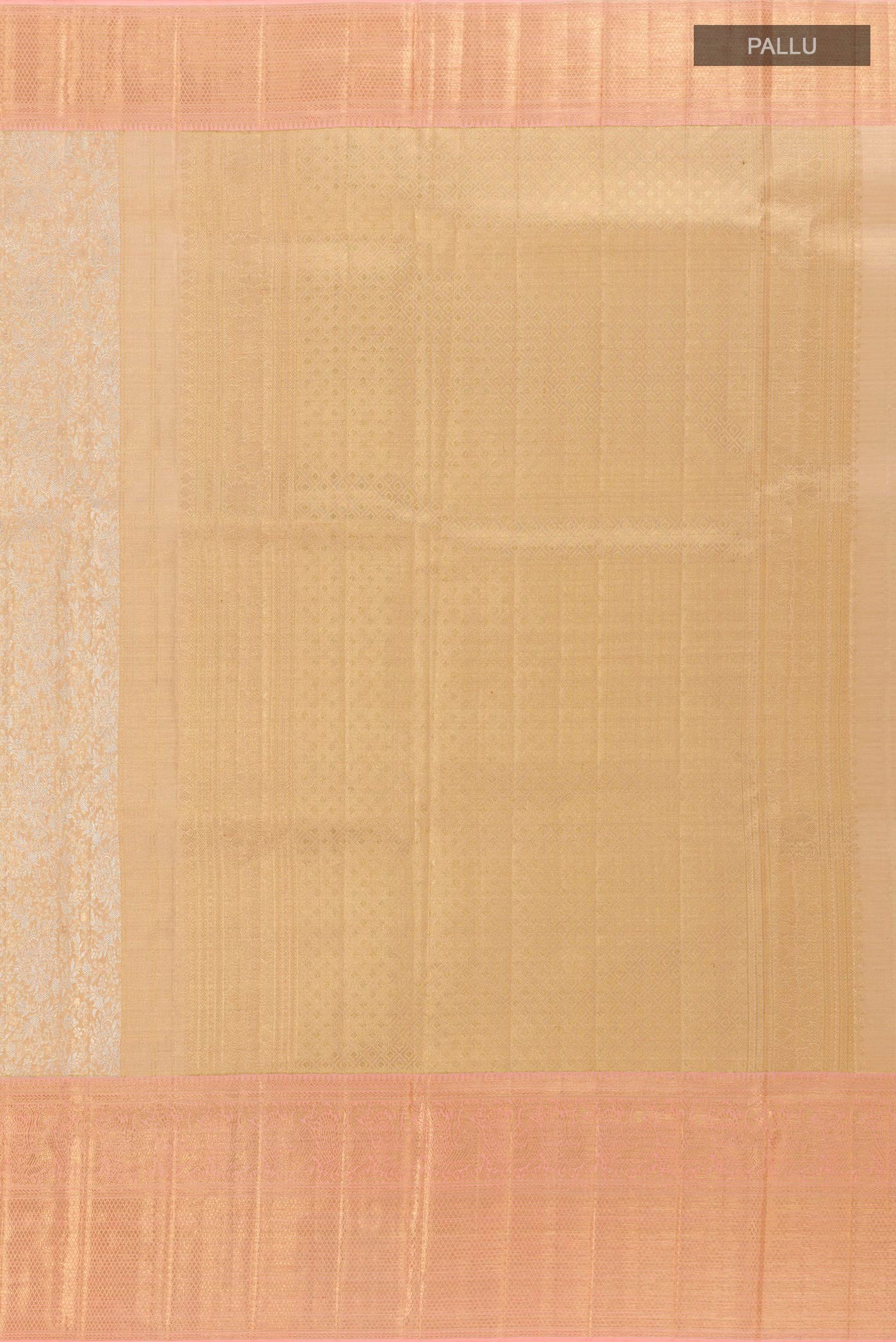 Close up image of the pallu of Rose Gold Kanjivaram Tissue Silk Saree with Zari Brocade on the body and Zari Border. 