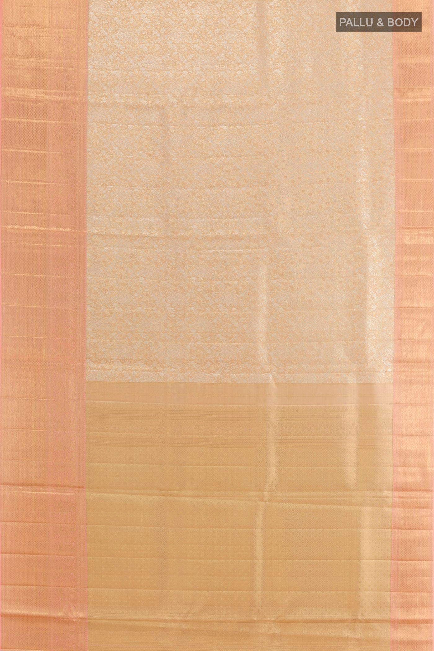 Flat view of Rose Gold Kanjivaram Tissue Silk Saree with Zari Brocade on the body and Zari Border. 