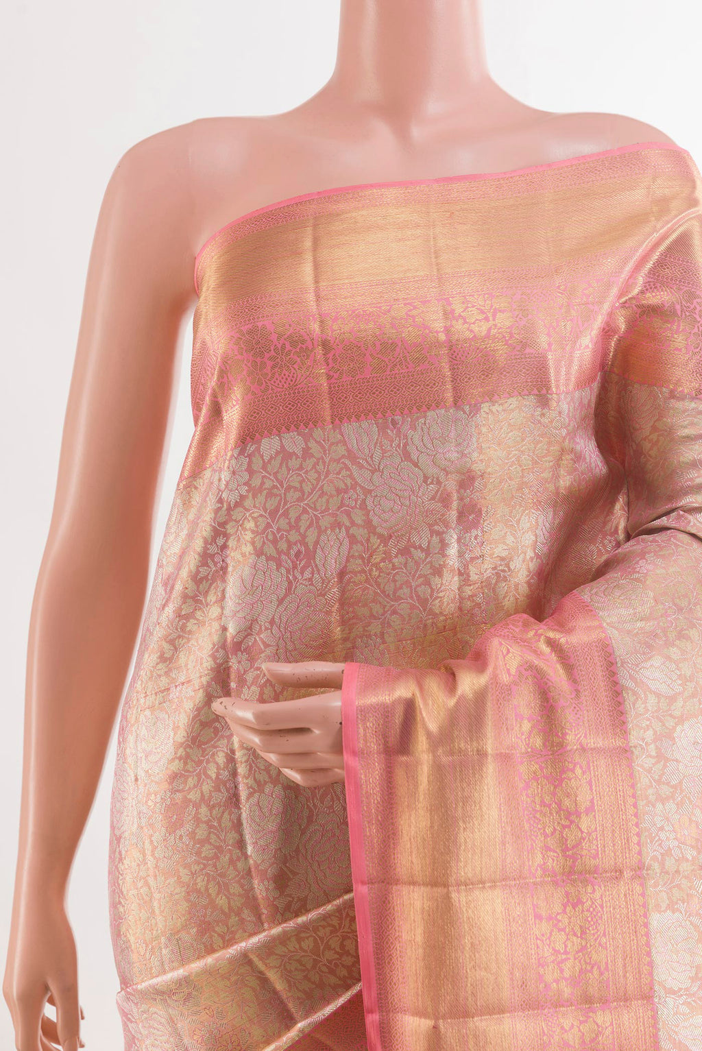 Border image of Pink Kanjivaram Tissue Silk Saree with Zari Brocade on the body and Zari Border. 