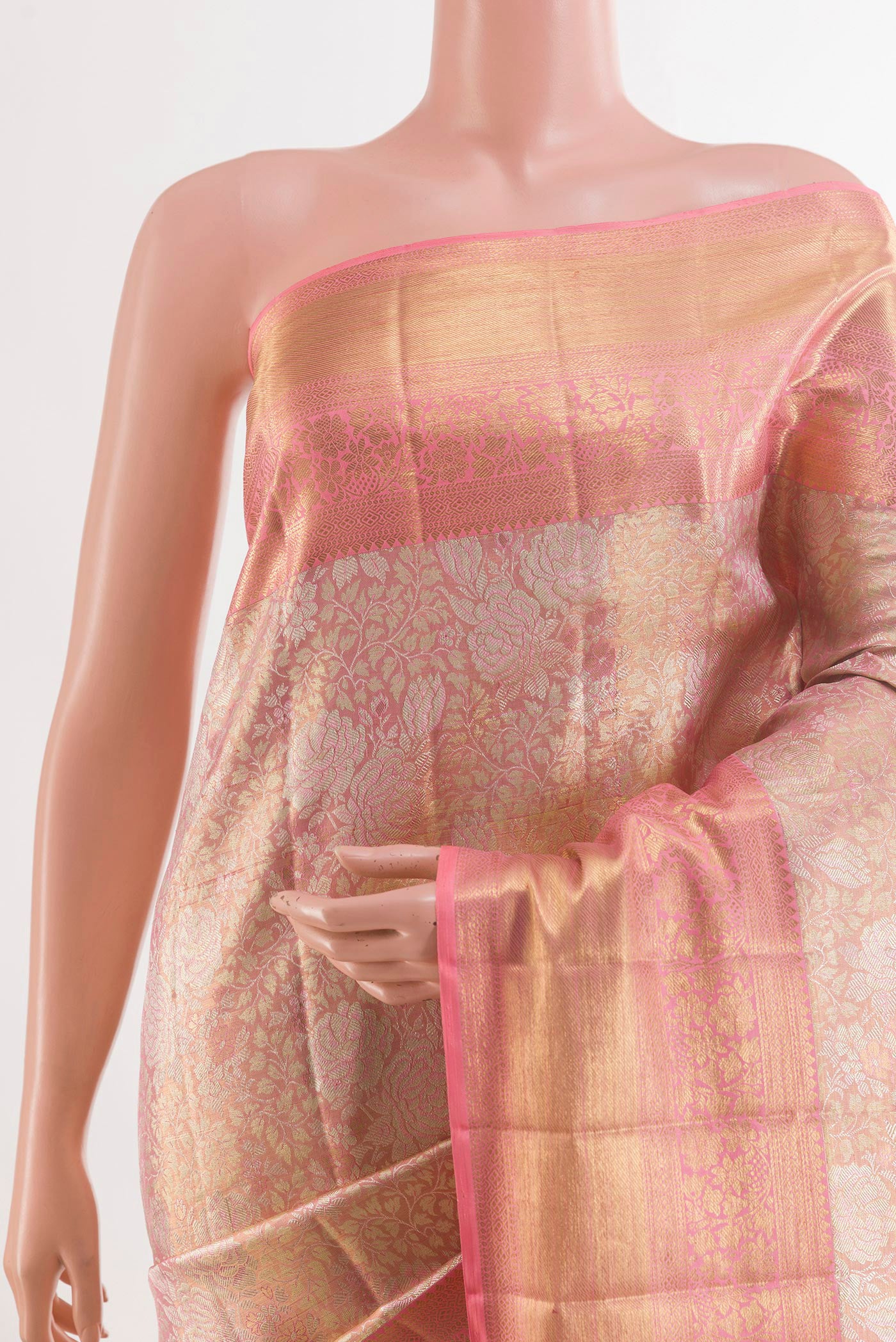 Border image of Pink Kanjivaram Tissue Silk Saree with Zari Brocade on the body and Zari Border. 