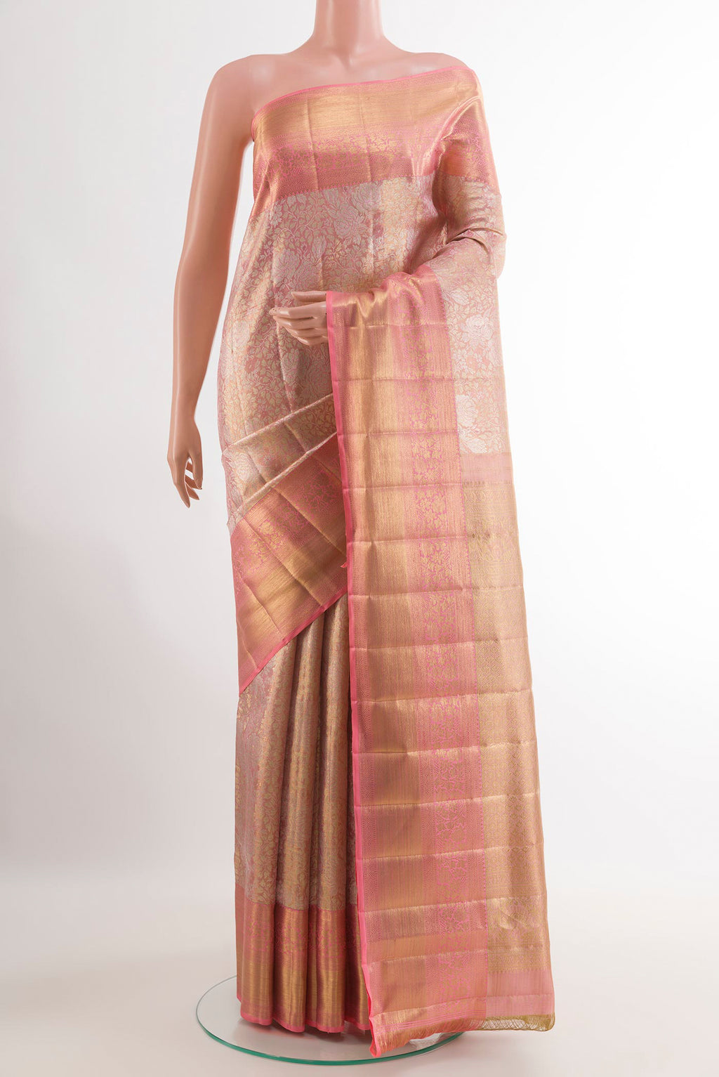 Pink Kanjivaram Tissue Silk Saree with Zari Brocade on the body and Zari Border.  displayed on a mannequin