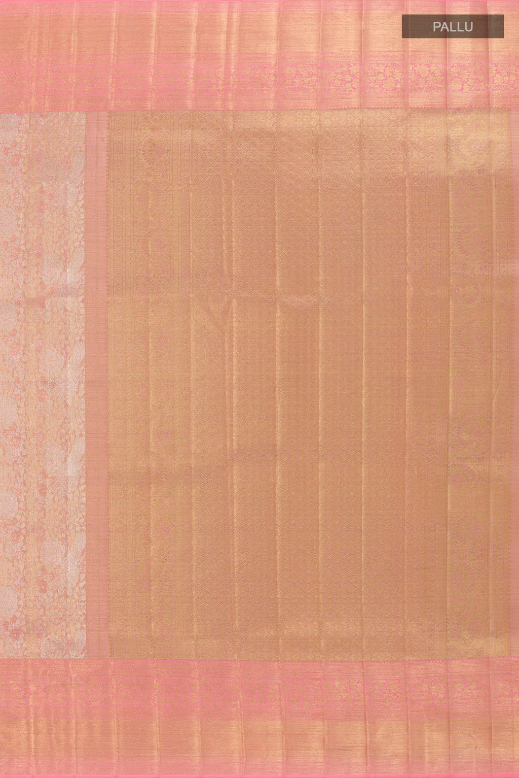 Close up image of the pallu of Pink Kanjivaram Tissue Silk Saree with Zari Brocade on the body and Zari Border. 