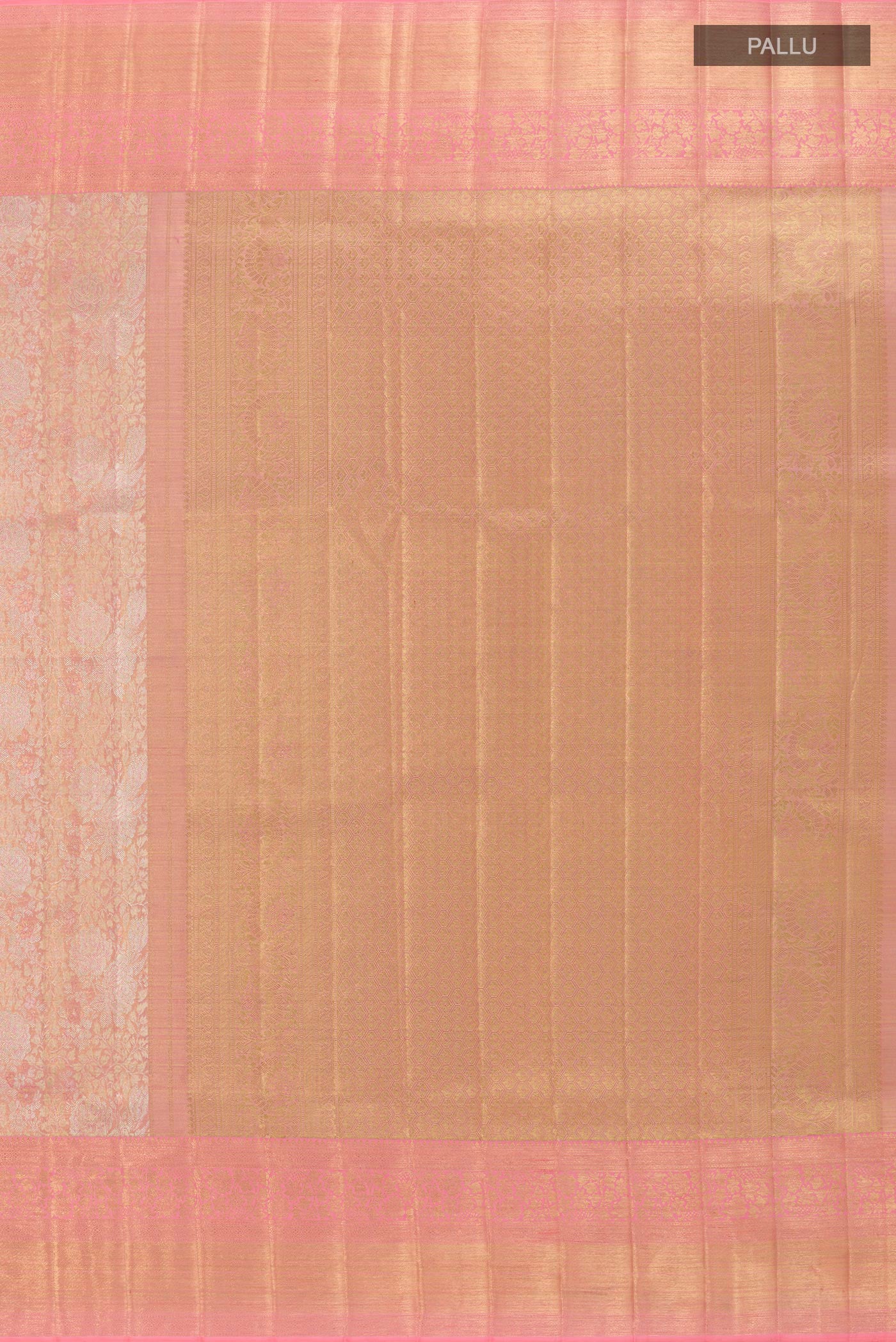 Close up image of the pallu of Pink Kanjivaram Tissue Silk Saree with Zari Brocade on the body and Zari Border. 