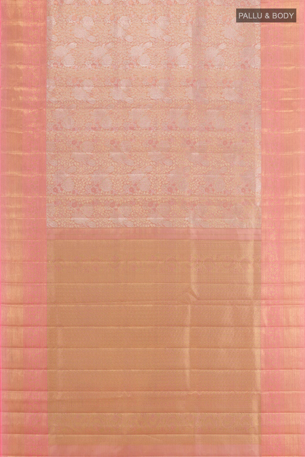 Flat view of Pink Kanjivaram Tissue Silk Saree with Zari Brocade on the body and Zari Border. 