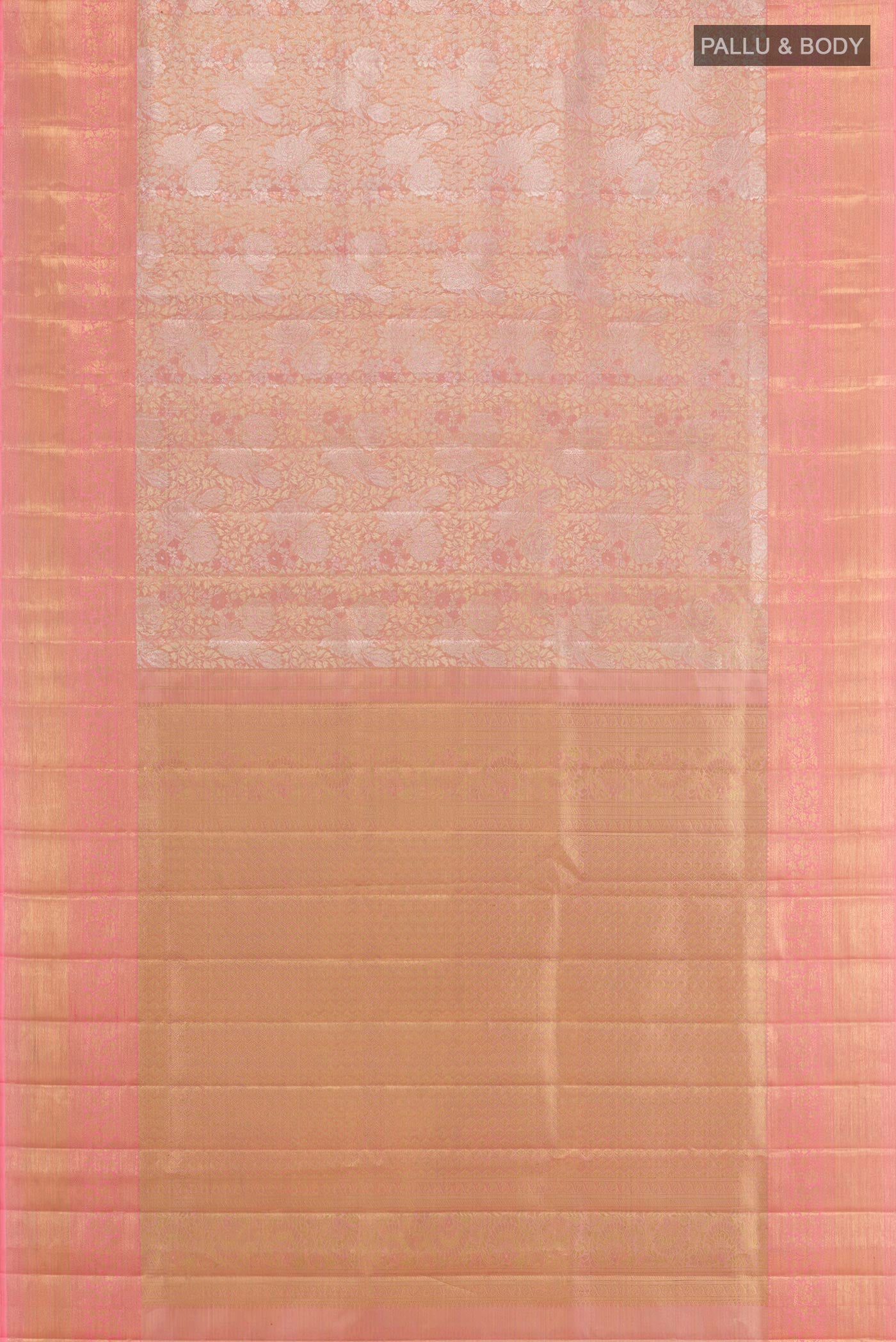 Flat view of Pink Kanjivaram Tissue Silk Saree with Zari Brocade on the body and Zari Border. 