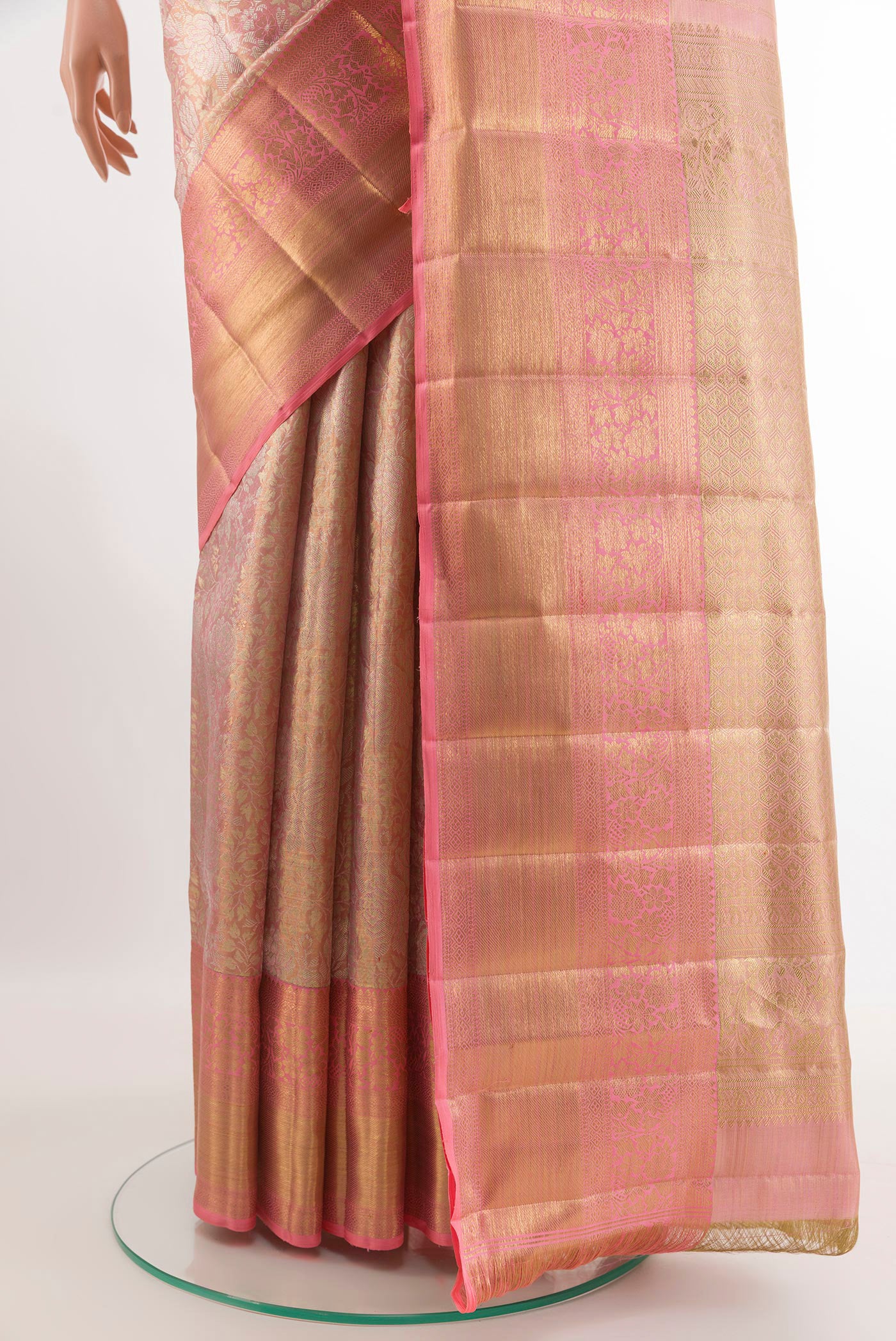 Pleats and pallu of Pink Kanjivaram Tissue Silk Saree with Zari Brocade on the body and Zari Border. 