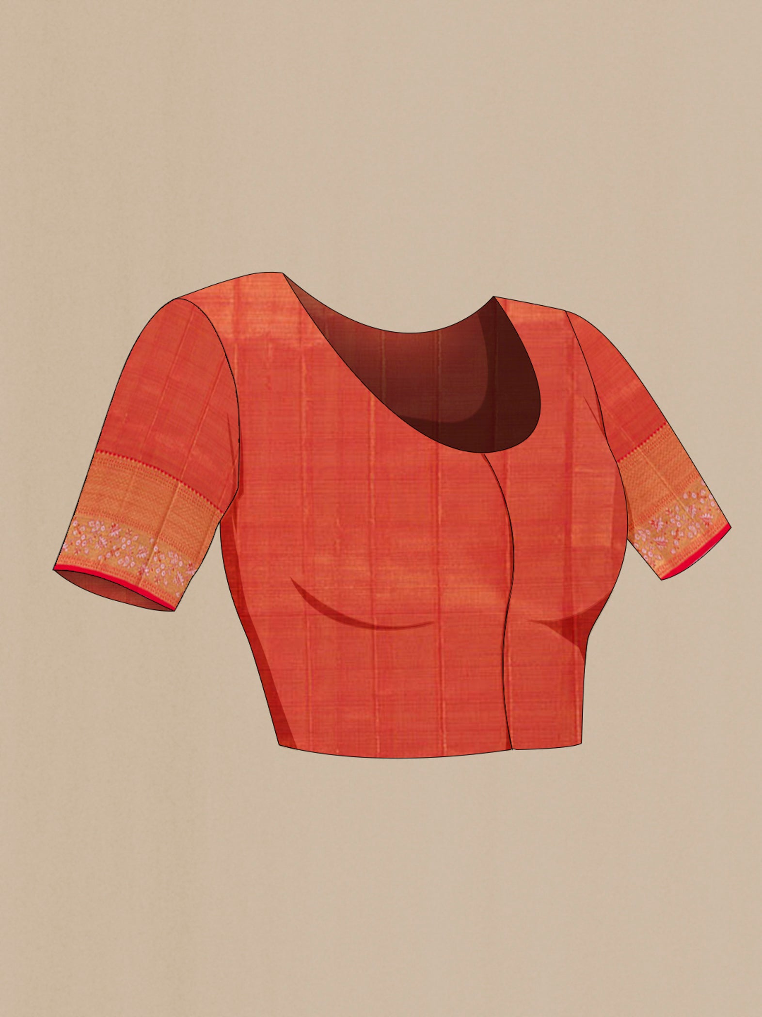 Close up image of the blouse of Red Kanjivaram Tissue Silk Saree with Zari Brocade on the body and Zari Border. 