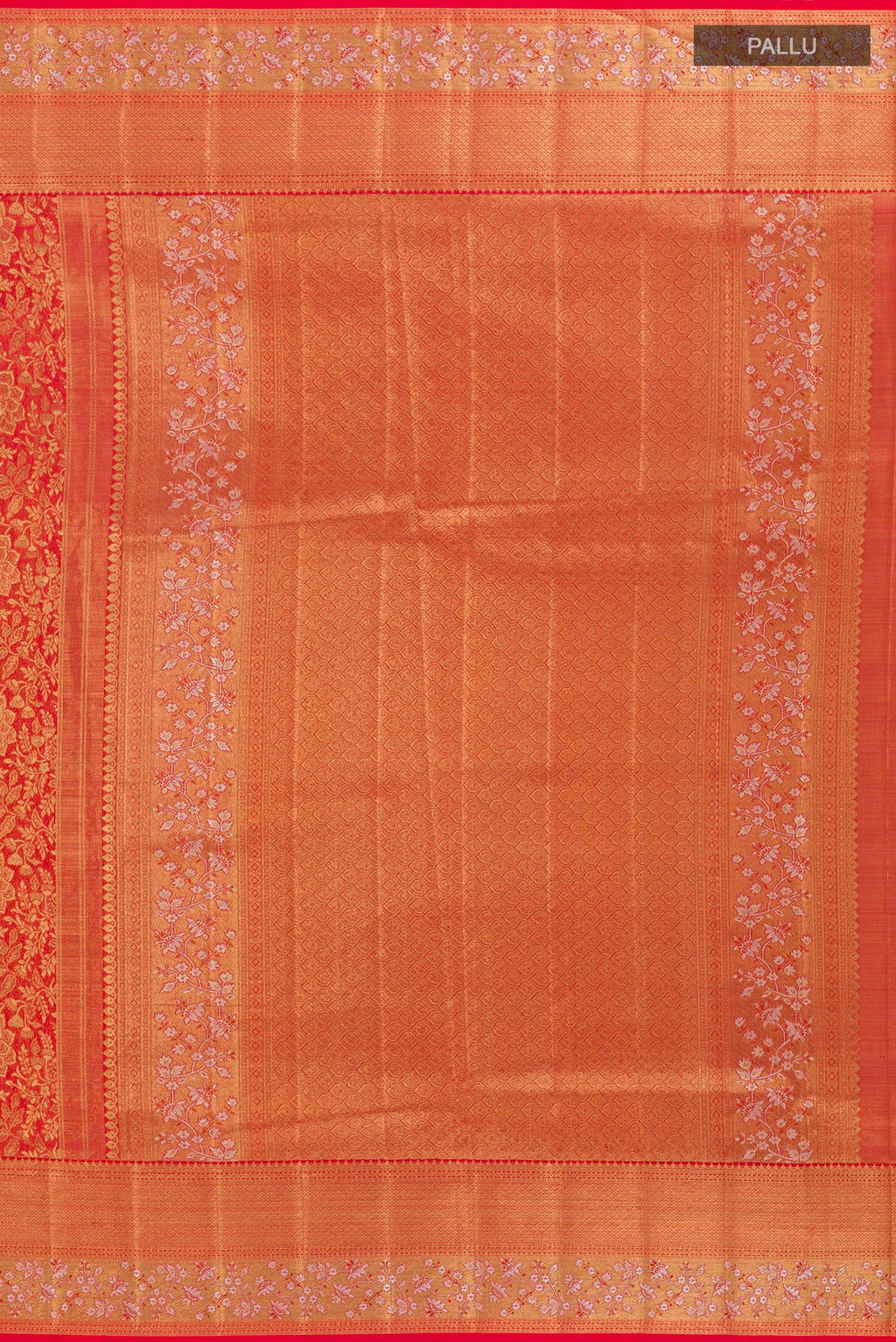 Close up image of the pallu of Red Kanjivaram Tissue Silk Saree with Zari Brocade on the body and Zari Border. 