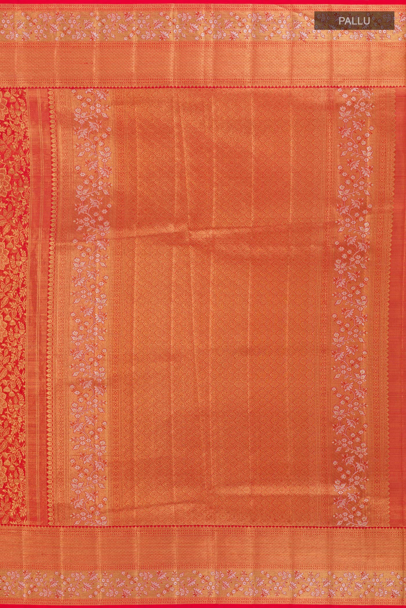 Close up image of the pallu of Red Kanjivaram Tissue Silk Saree with Zari Brocade on the body and Zari Border. 