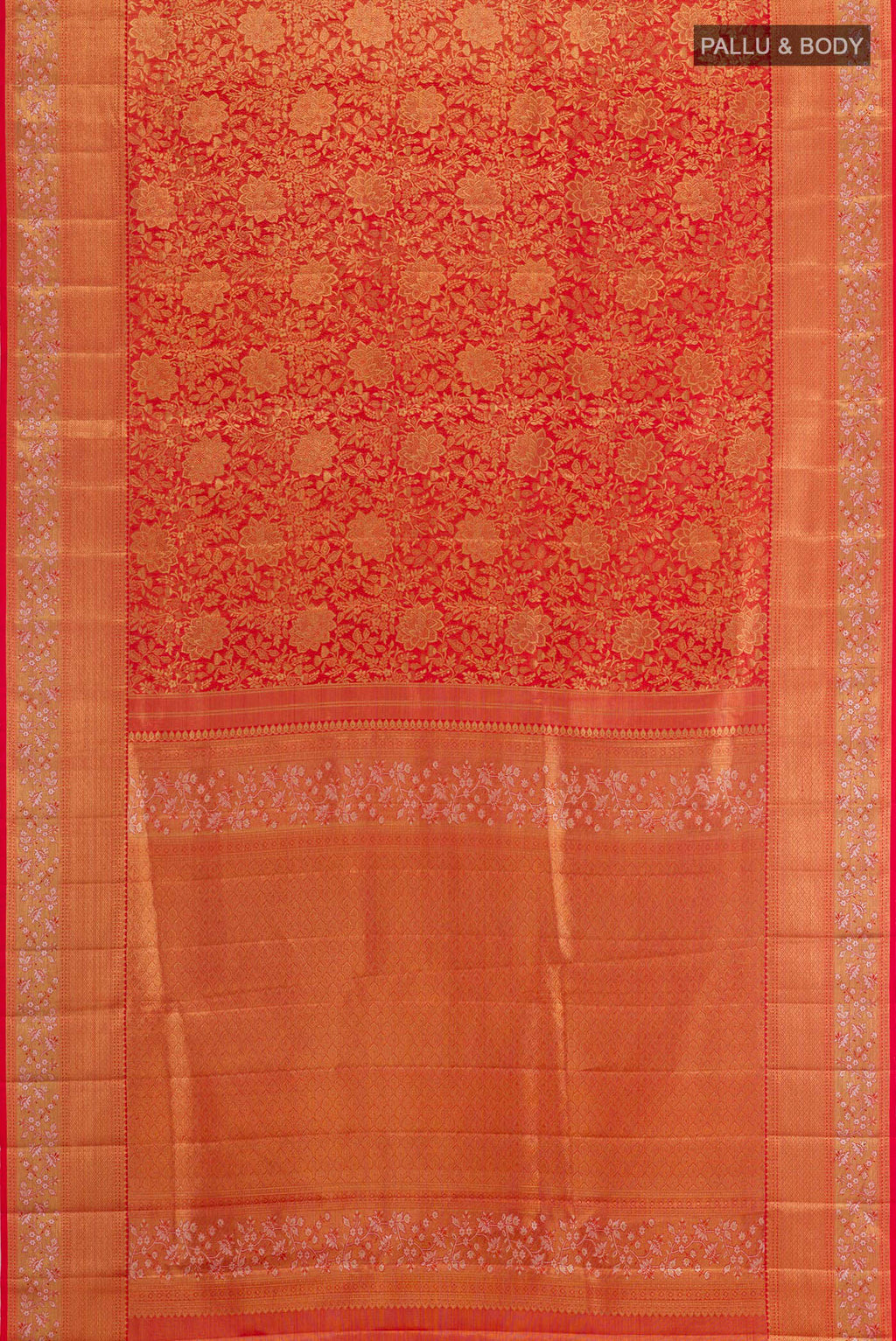 Flat view of Red Kanjivaram Tissue Silk Saree with Zari Brocade on the body and Zari Border. 