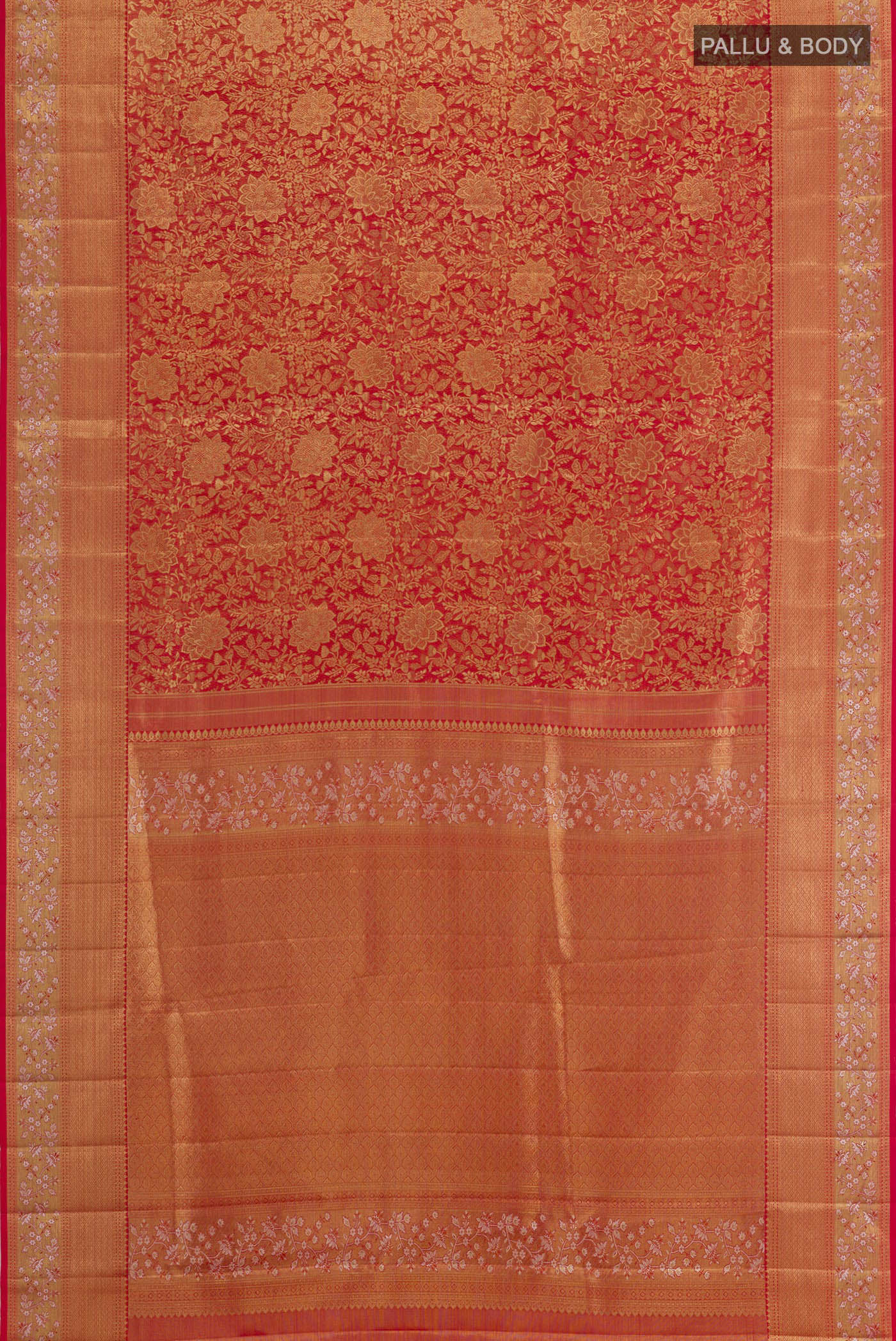 Flat view of Red Kanjivaram Tissue Silk Saree with Zari Brocade on the body and Zari Border. 