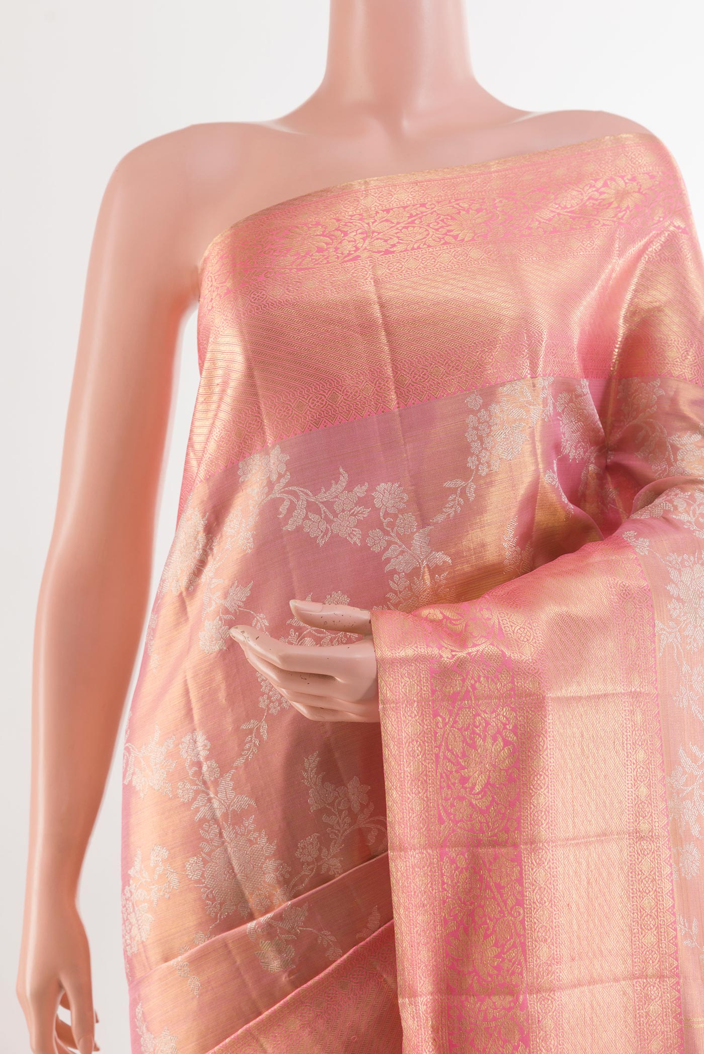 Border image of Pink Kanjivaram Tissue Silk Saree with Zari Brocade on the body and Zari Border. 
