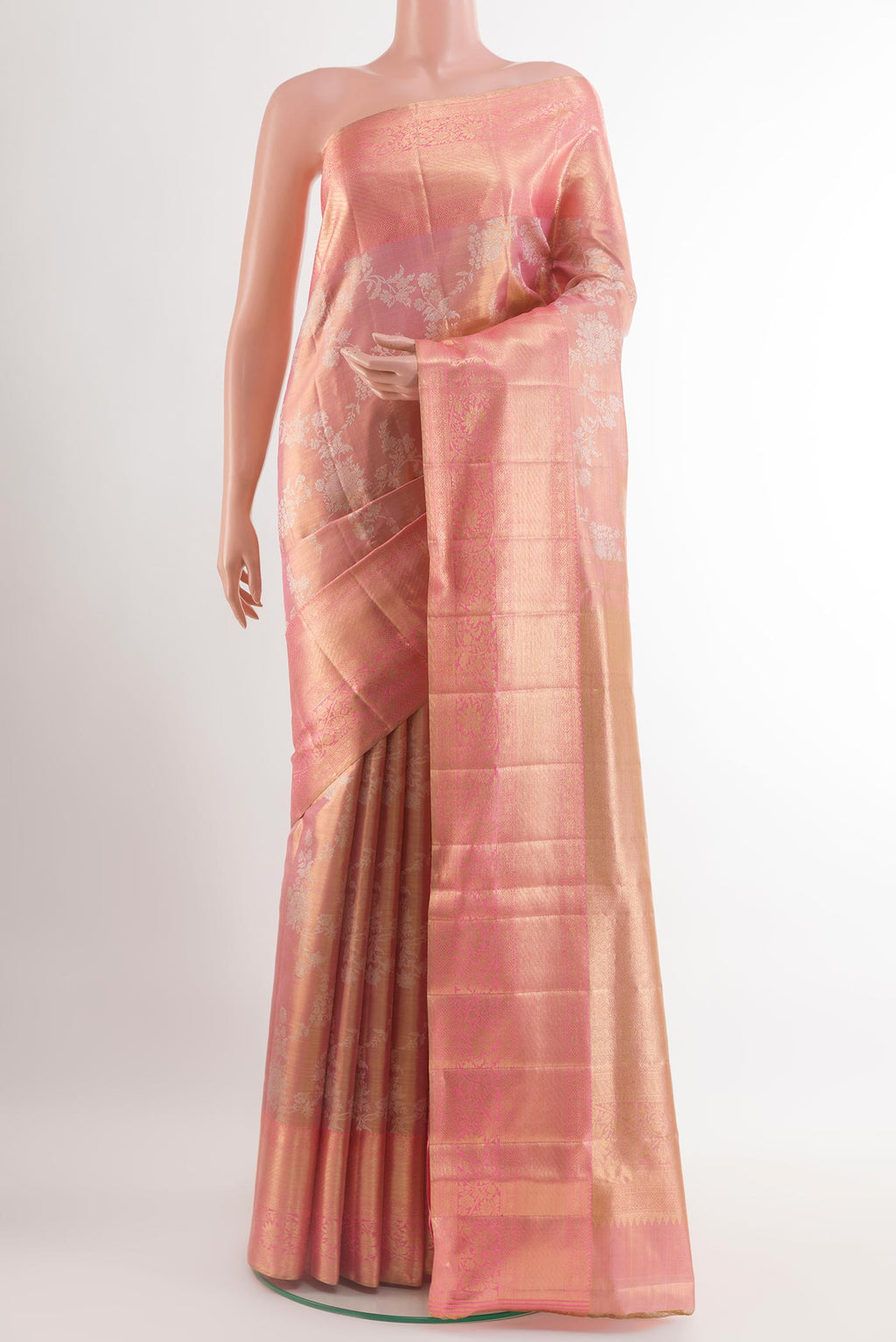 Pink Kanjivaram Tissue Silk Saree with Zari Brocade on the body and Zari Border.  displayed on a mannequin