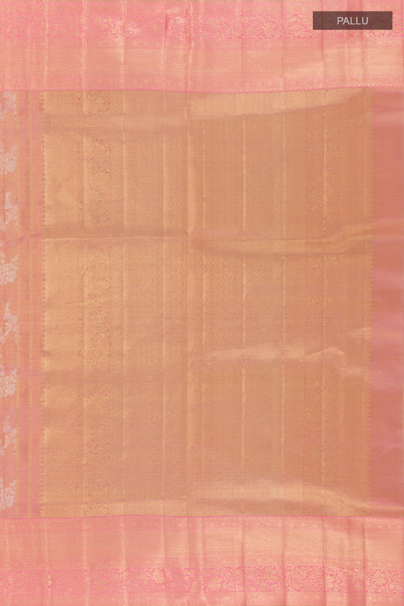 Close up image of the pallu of Pink Kanjivaram Tissue Silk Saree with Zari Brocade on the body and Zari Border. 