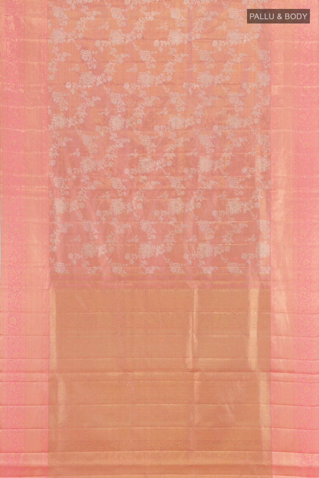 Flat view of Pink Kanjivaram Tissue Silk Saree with Zari Brocade on the body and Zari Border. 