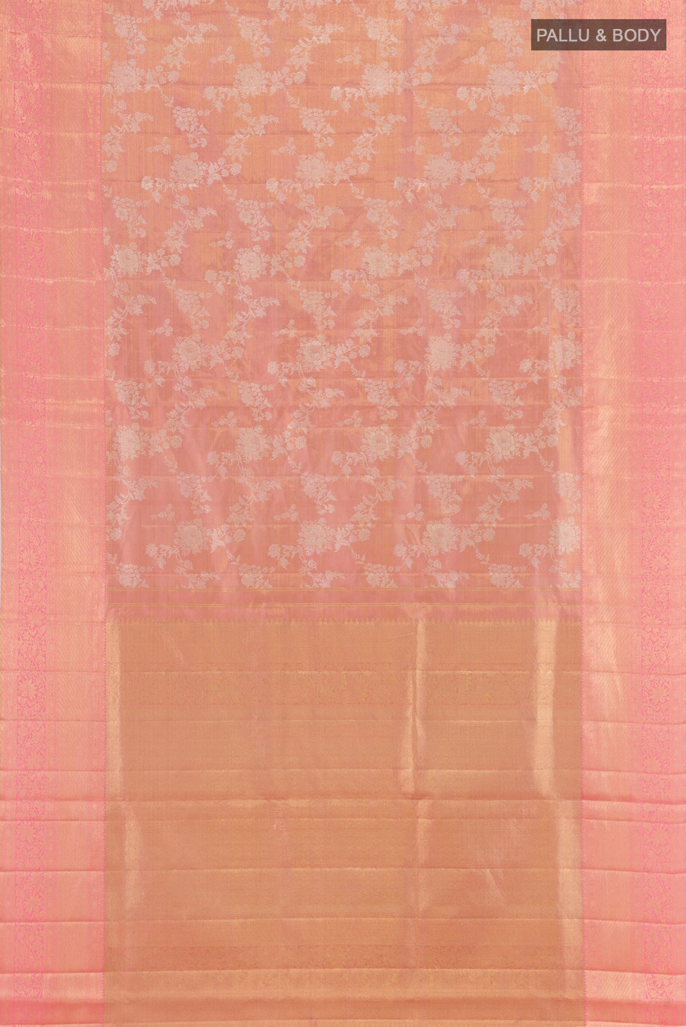 Flat view of Pink Kanjivaram Tissue Silk Saree with Zari Brocade on the body and Zari Border. 