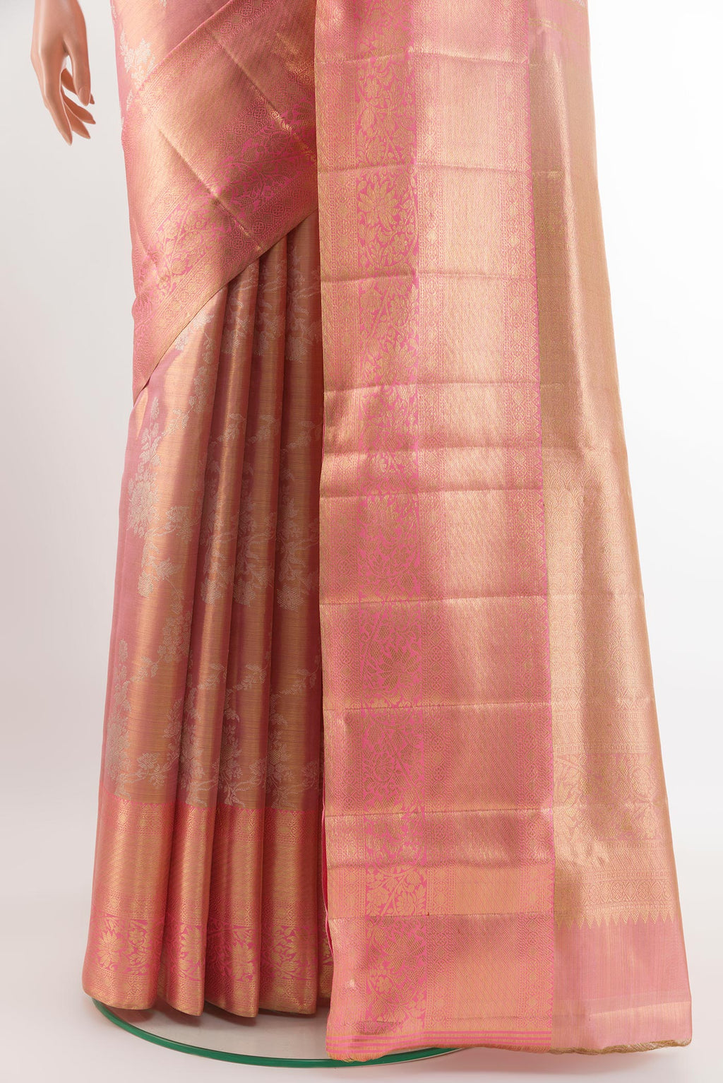 Pleats and pallu of Pink Kanjivaram Tissue Silk Saree with Zari Brocade on the body and Zari Border. 
