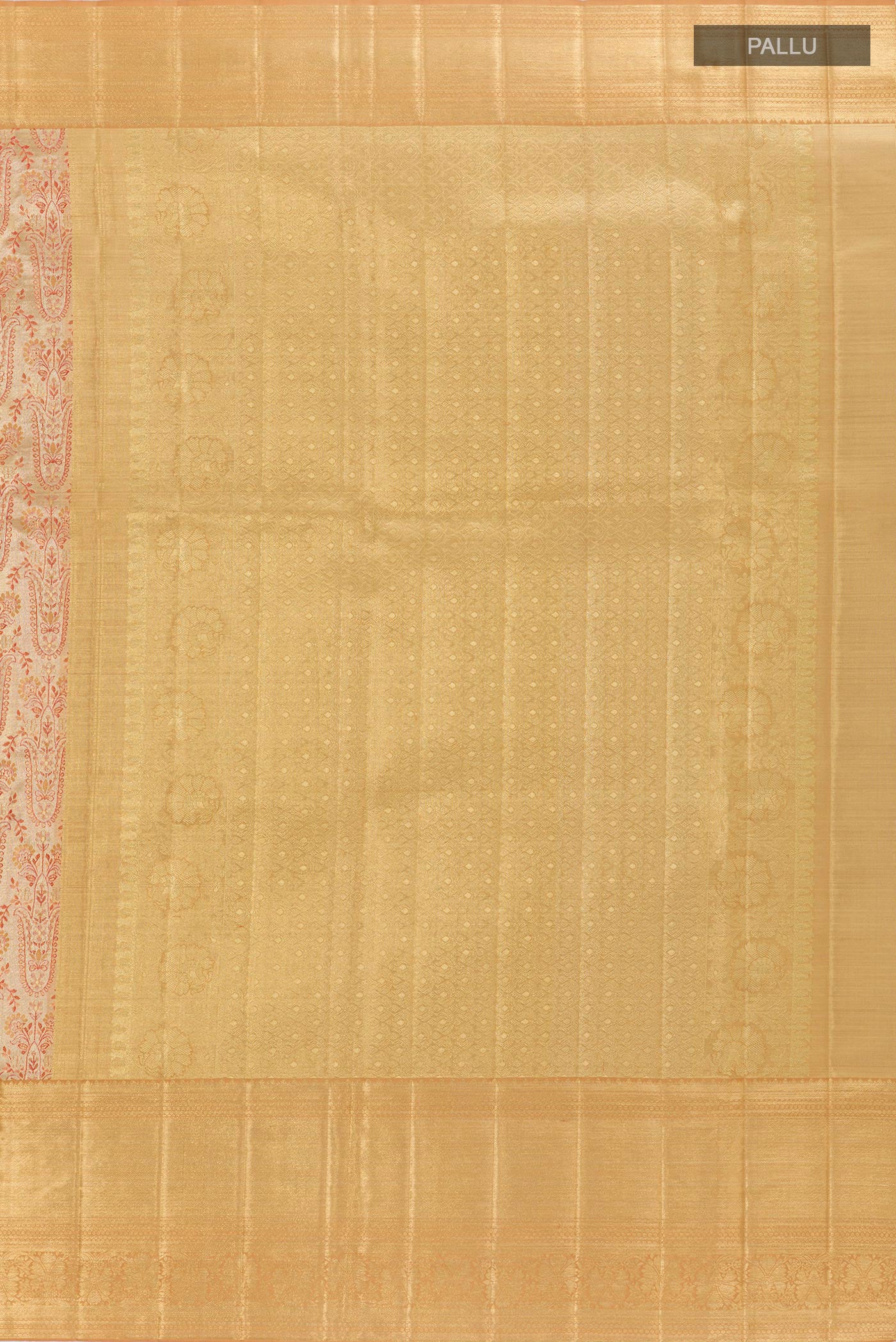 Close up image of the pallu of Golden Kanjivaram Tissue Silk Saree with Zari Brocade on the body and Zari Border. 