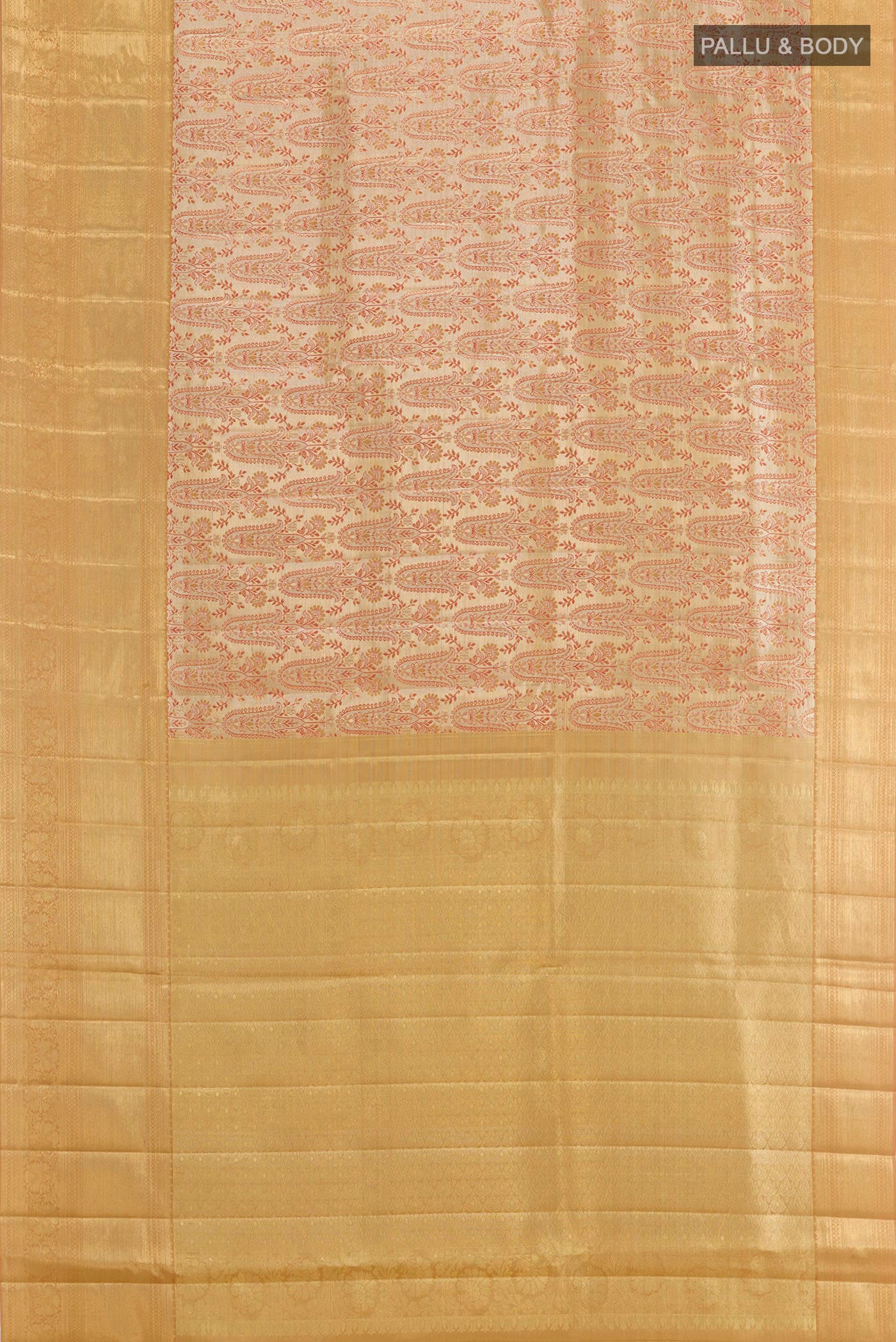 Flat view of Golden Kanjivaram Tissue Silk Saree with Zari Brocade on the body and Zari Border. 