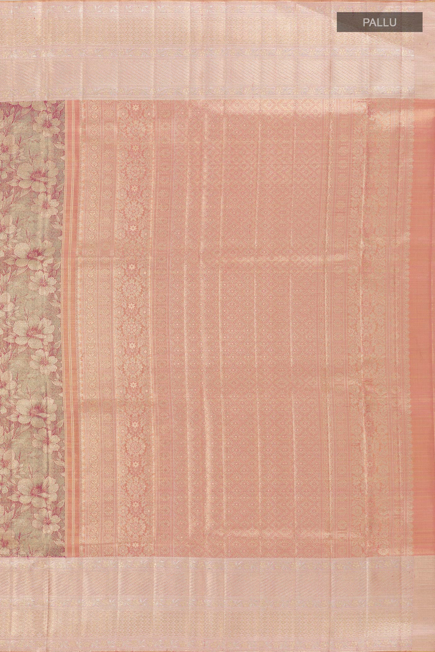 Close up image of the pallu of Lavender Kanjivaram Tissue Silk Saree with Zari Brocade on the body and Zari Border. 