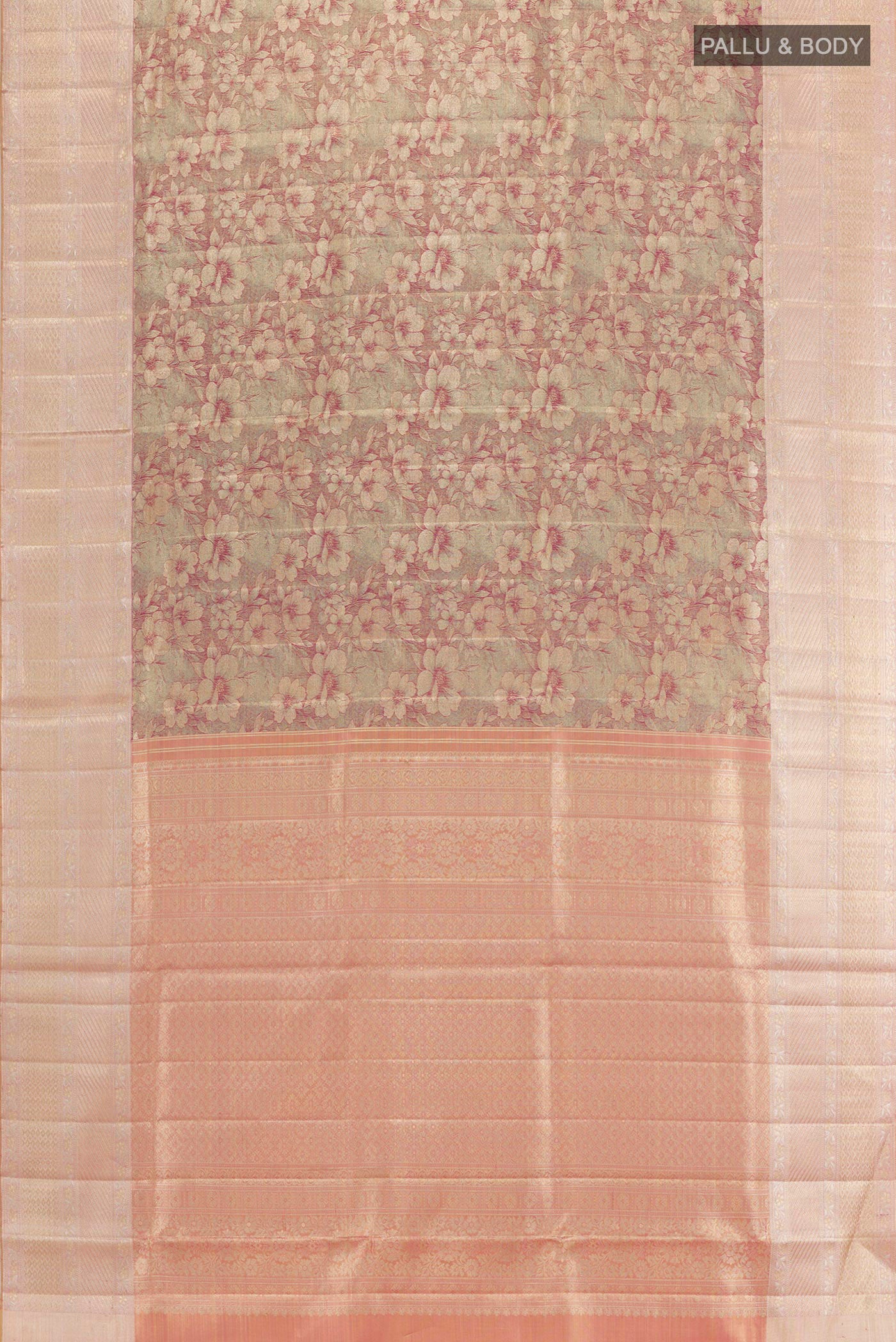 Flat view of Lavender Kanjivaram Tissue Silk Saree with Zari Brocade on the body and Zari Border. 