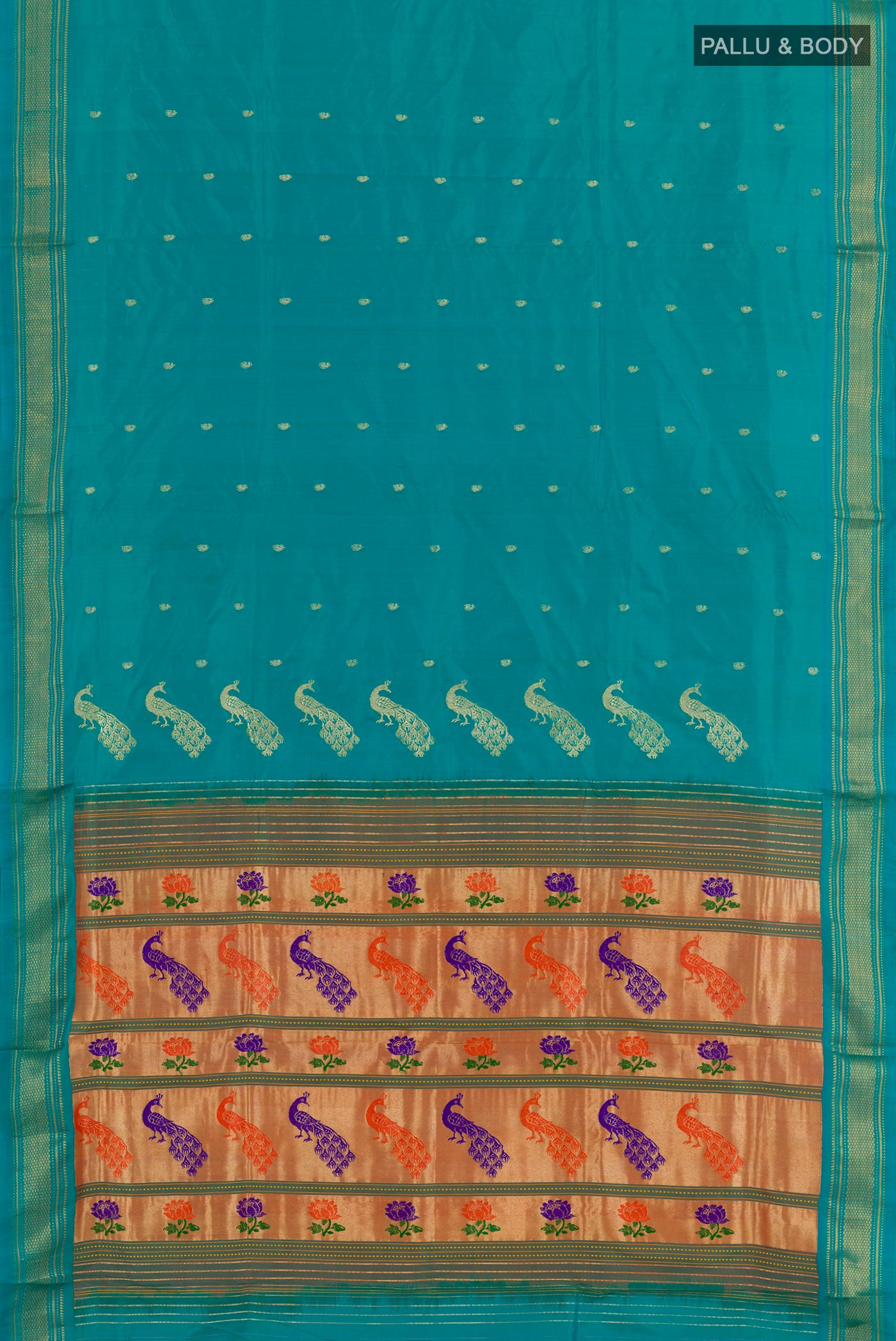 Flat view of Blue Paithani Silk Saree with Zari Butta on the body and Zari Border. 