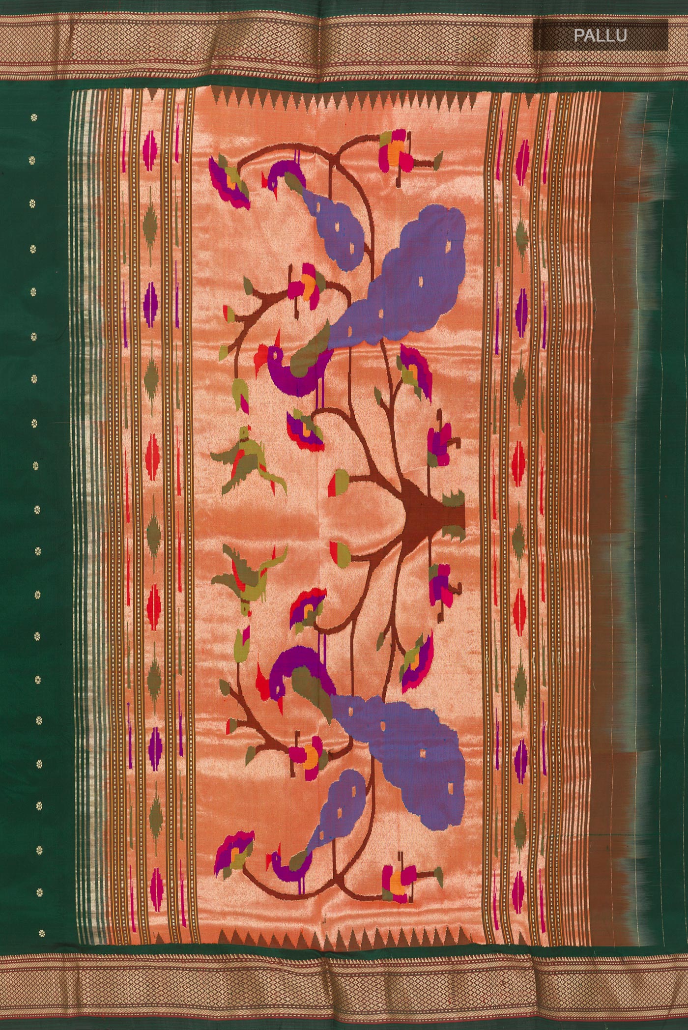 Close up image of the pallu of Green Paithani Silk Saree with Zari Butta on the body and Zari Border. 