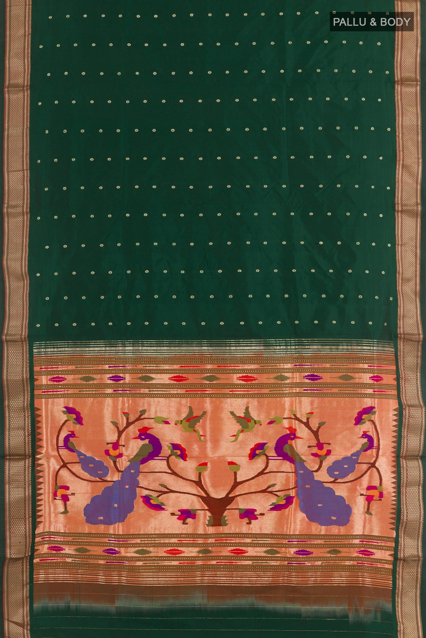 Flat view of Green Paithani Silk Saree with Zari Butta on the body and Zari Border. 