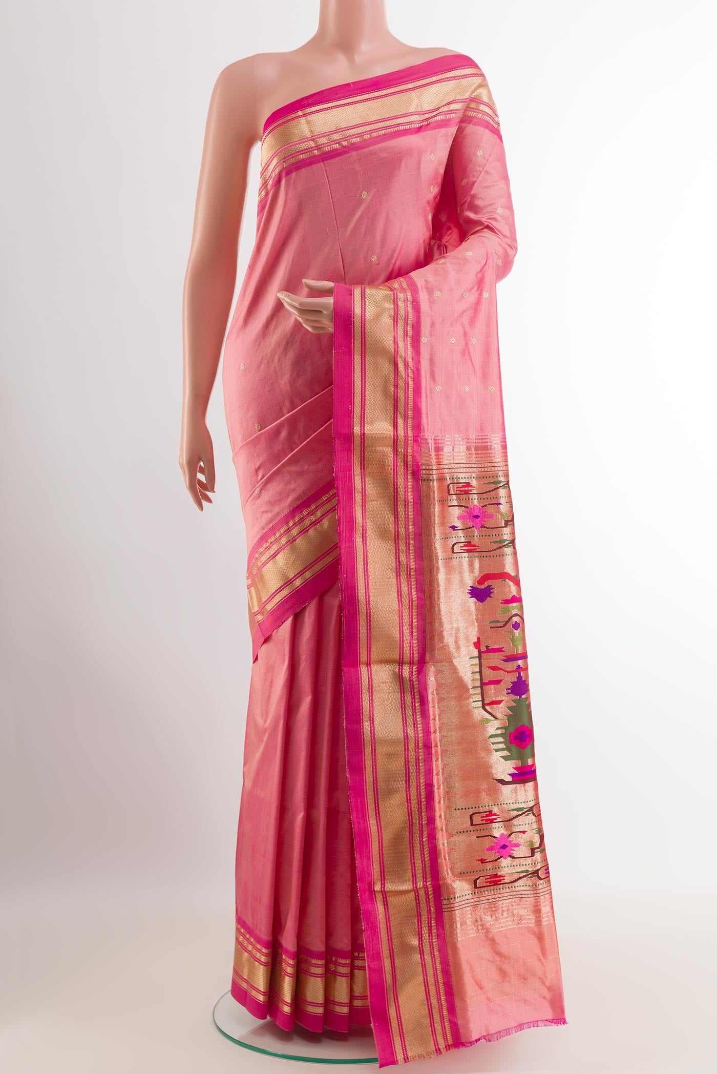 Pink Paithani Silk Saree with Zari Butta on the body and Zari Border.  displayed on a mannequin