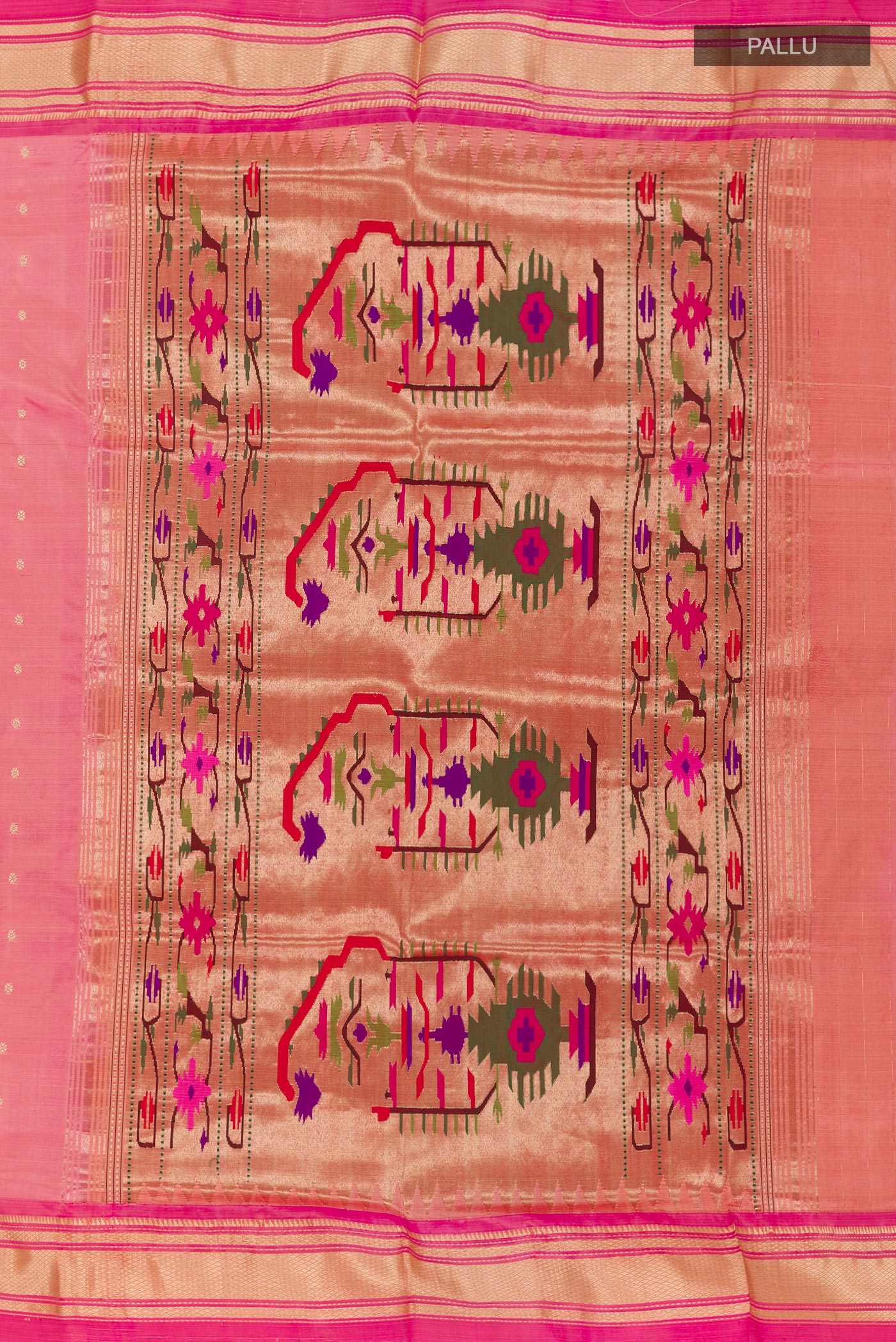 Close up image of the pallu of Pink Paithani Silk Saree with Zari Butta on the body and Zari Border. 