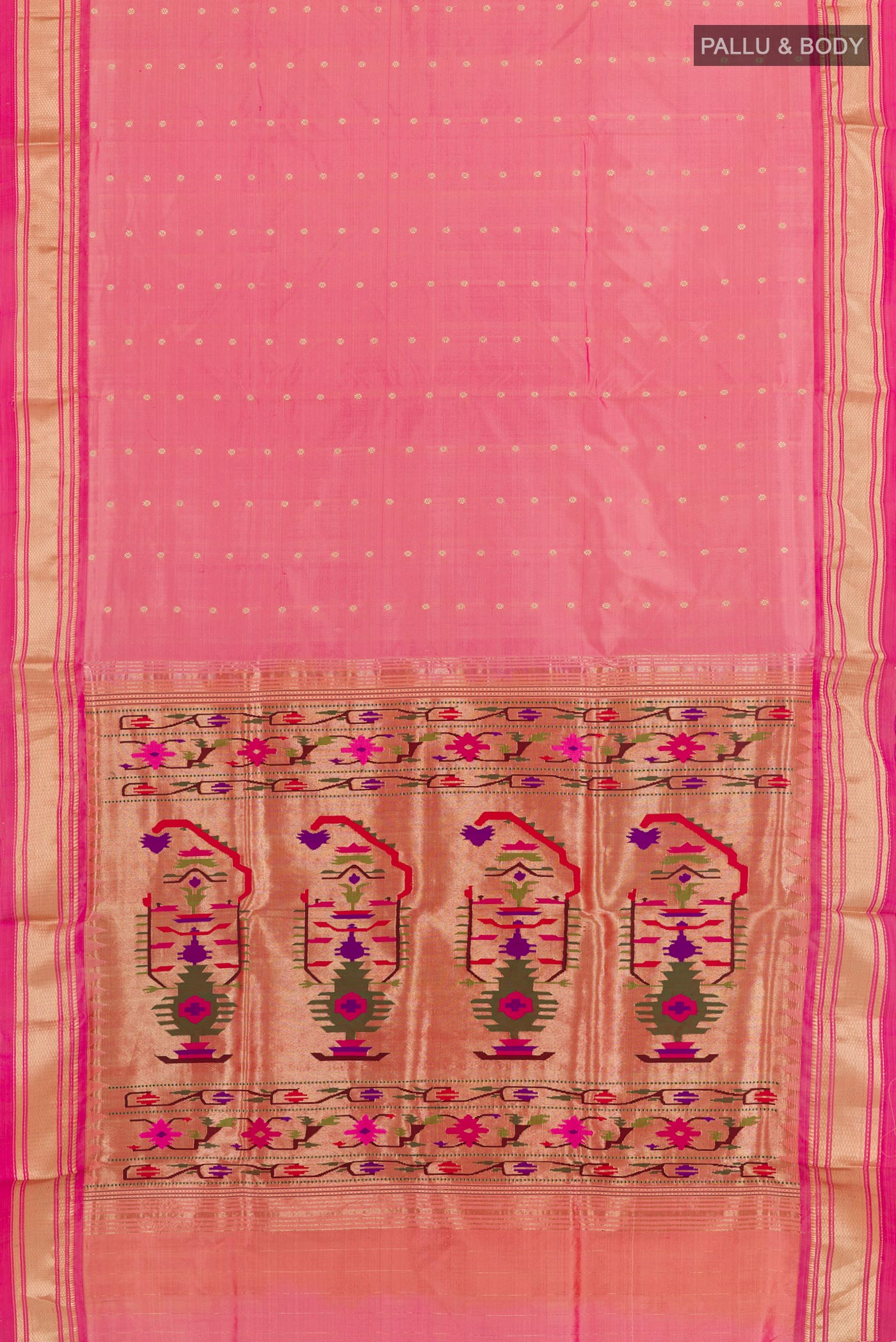 Flat view of Pink Paithani Silk Saree with Zari Butta on the body and Zari Border. 