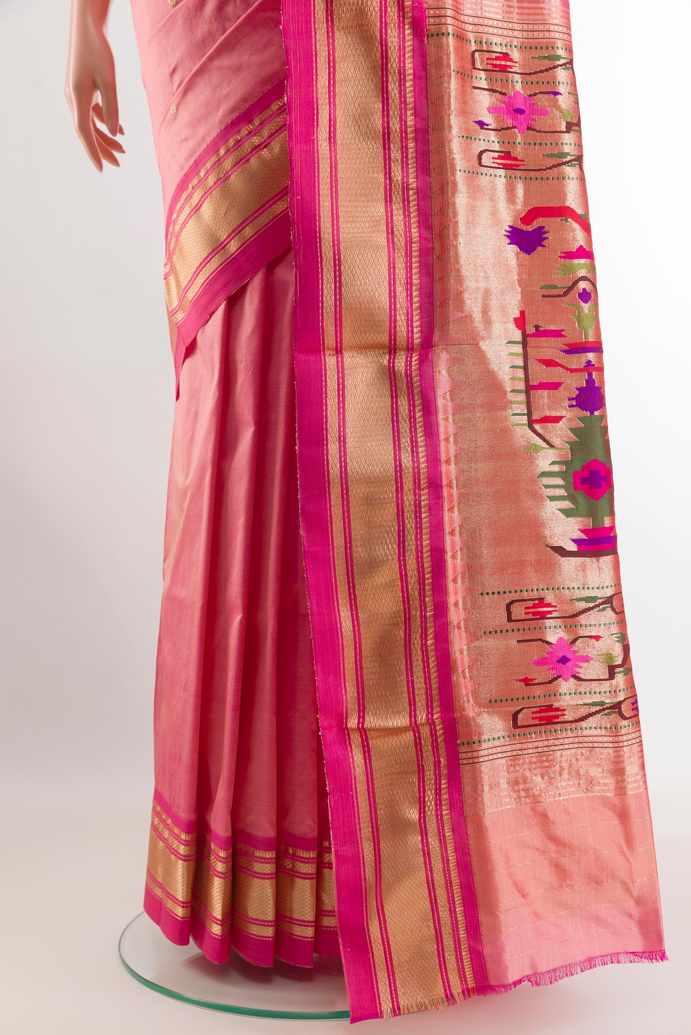 Pleats and pallu of Pink Paithani Silk Saree with Zari Butta on the body and Zari Border. 