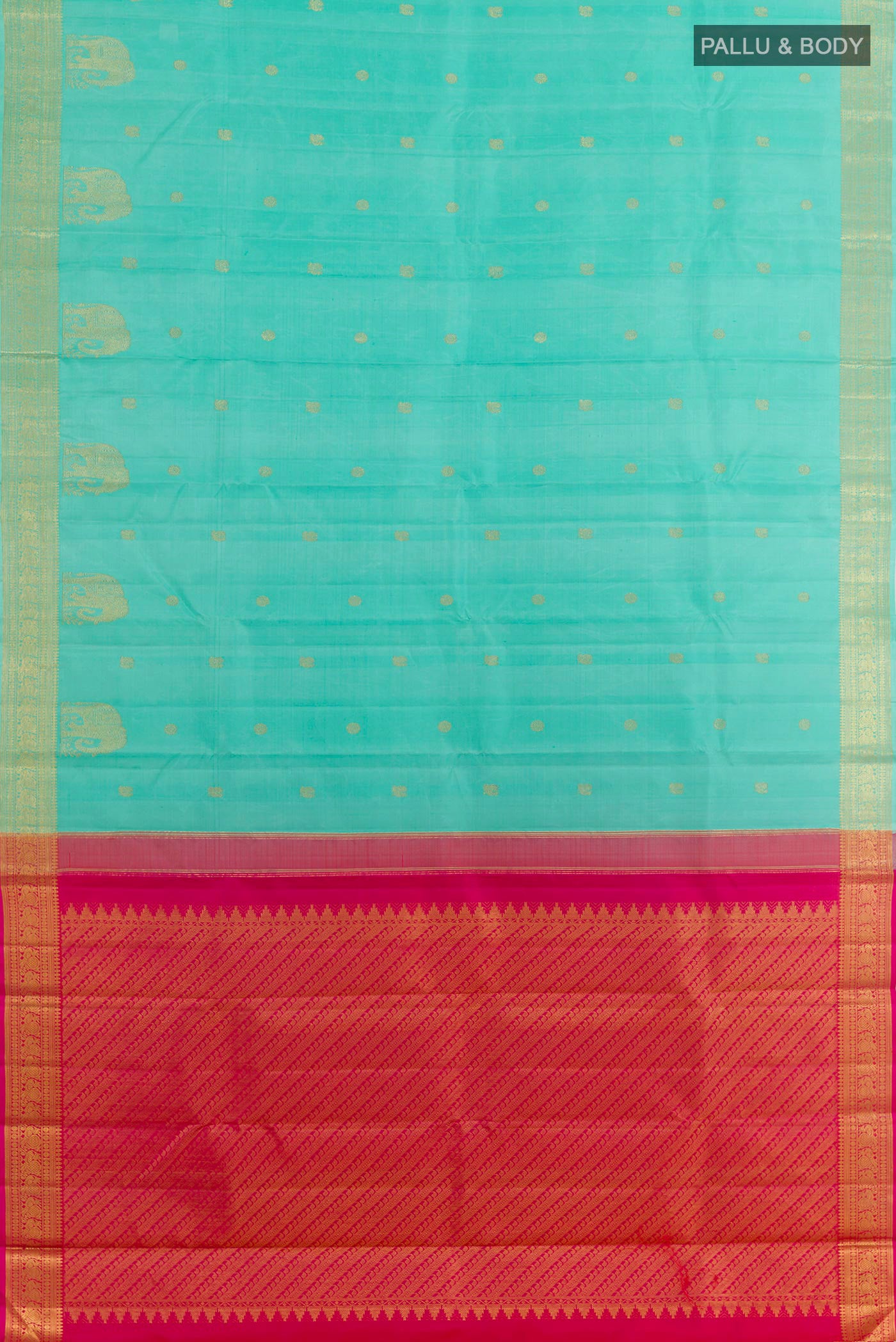 Flat view of Sea Green Kanjivaram Silk Saree with Zari Butta on the body and Zari Border. 