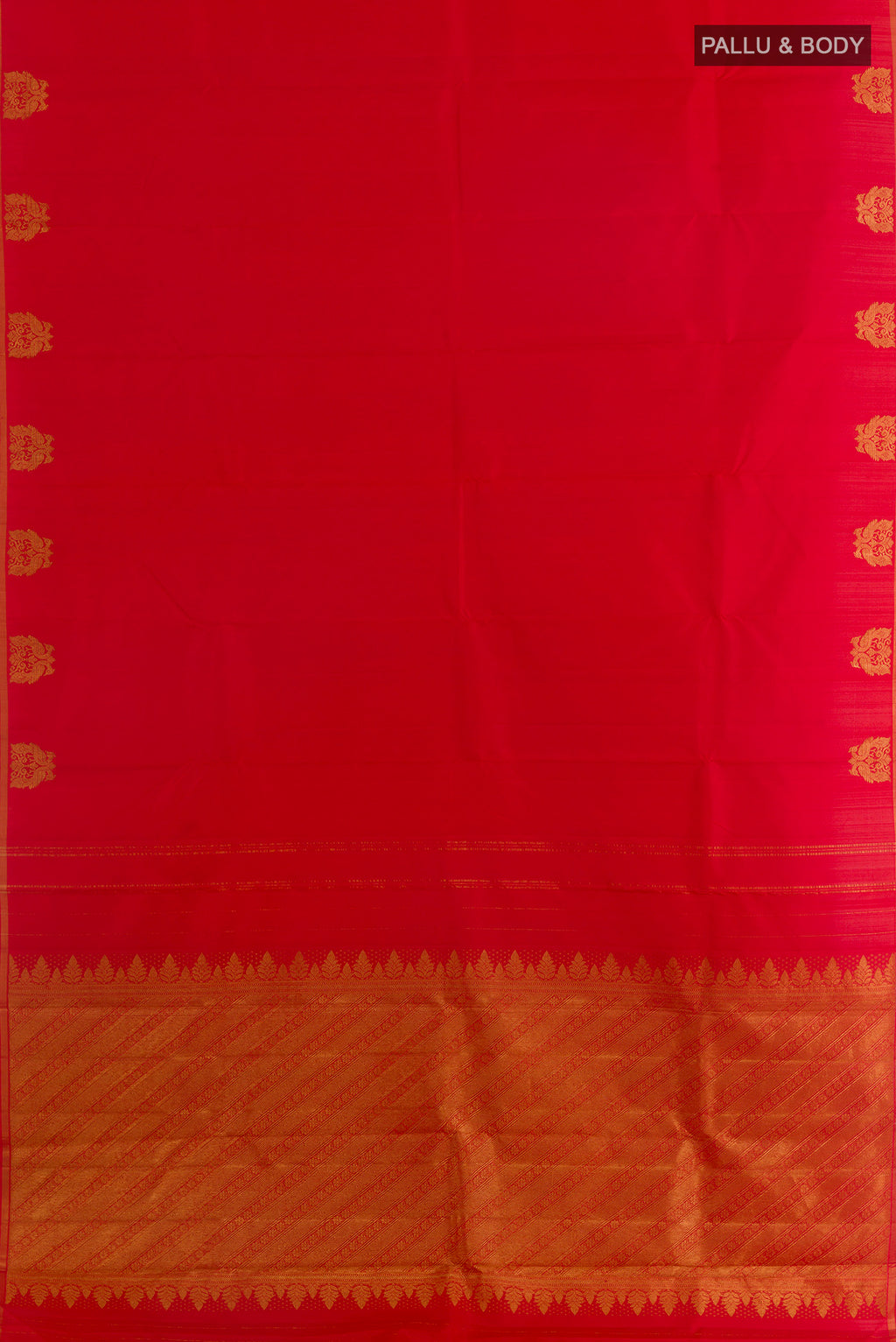 Flat view of Pure Silk Red Kanchipuram Saree with Plain Body and Zari Border. 