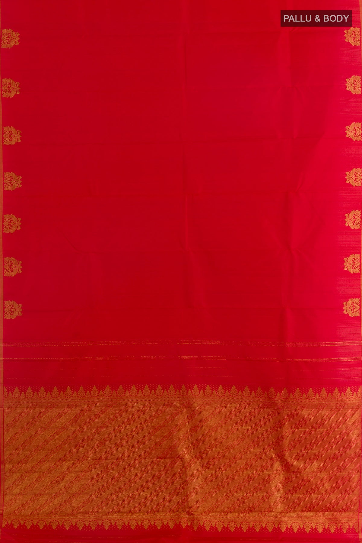 Flat view of Pure Silk Red Kanchipuram Saree with Plain Body and Zari Border. 