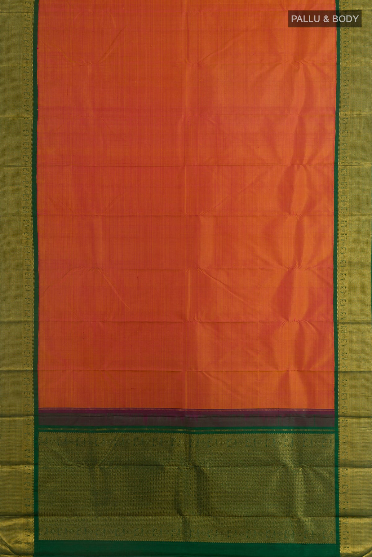 Flat view of Pure Silk Brick Orange Kanjivaram Saree with Plain Body and Zari Border. 