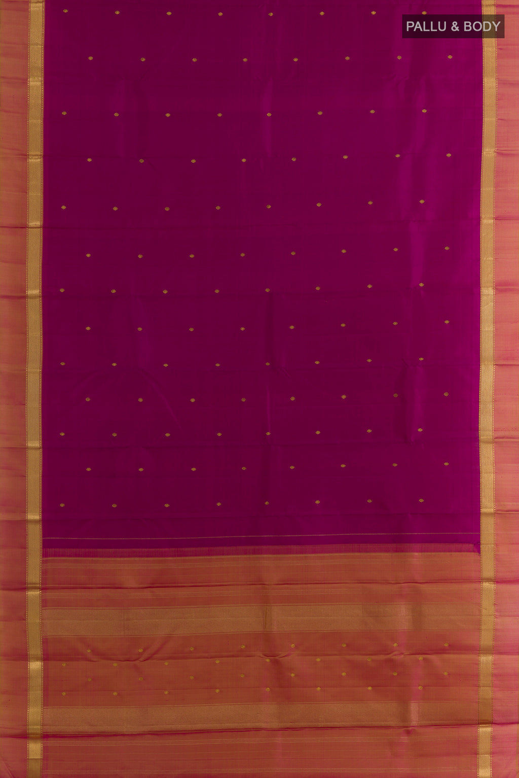 Flat view of Pure Silk Magenta Kanchipuram Saree with Zari Butta on the body and Zari Border. 