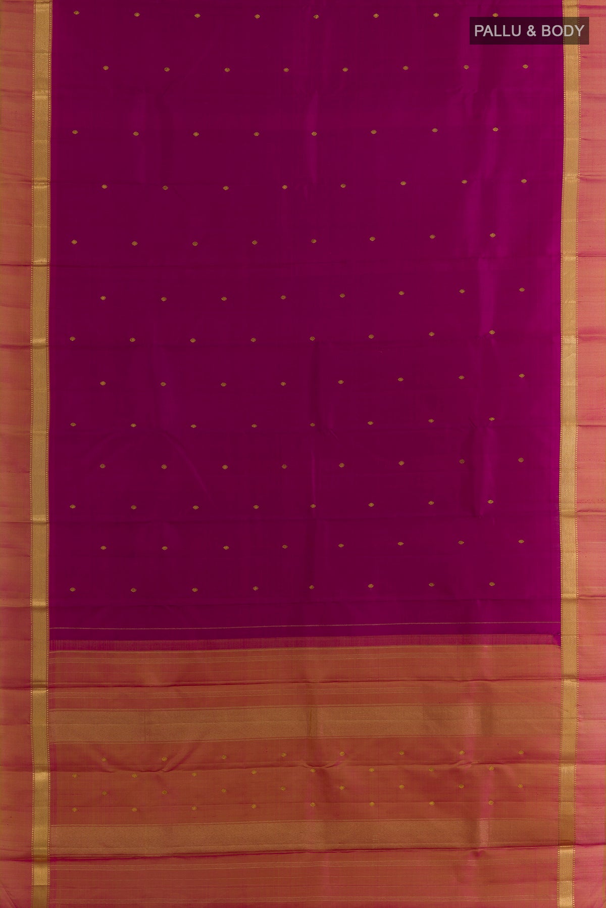 Flat view of Pure Silk Magenta Kanchipuram Saree with Zari Butta on the body and Zari Border. 