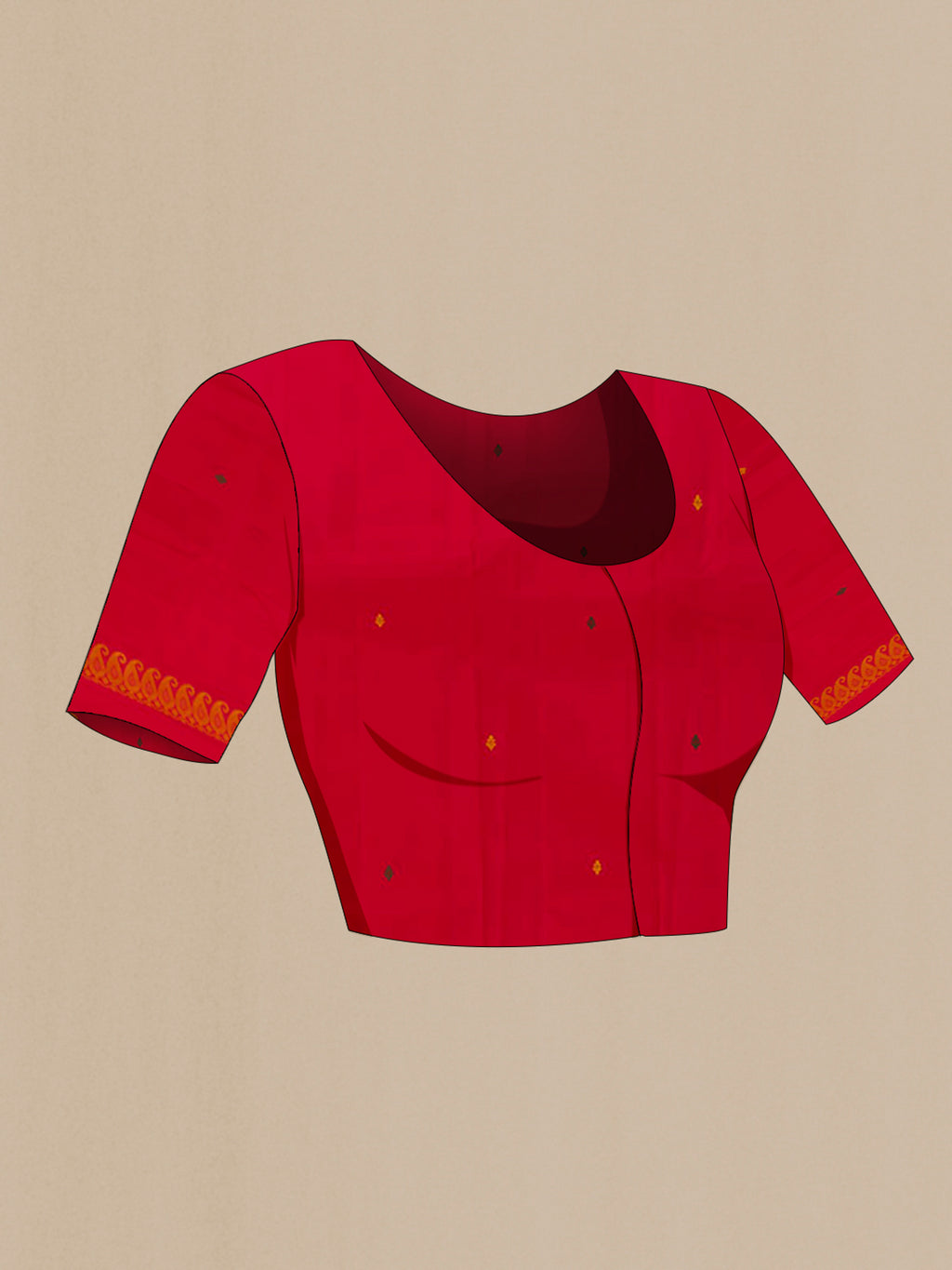Close up image of the blouse of Red Kanjivaram Silk Saree with Embroidery on the body and Plain Border. 